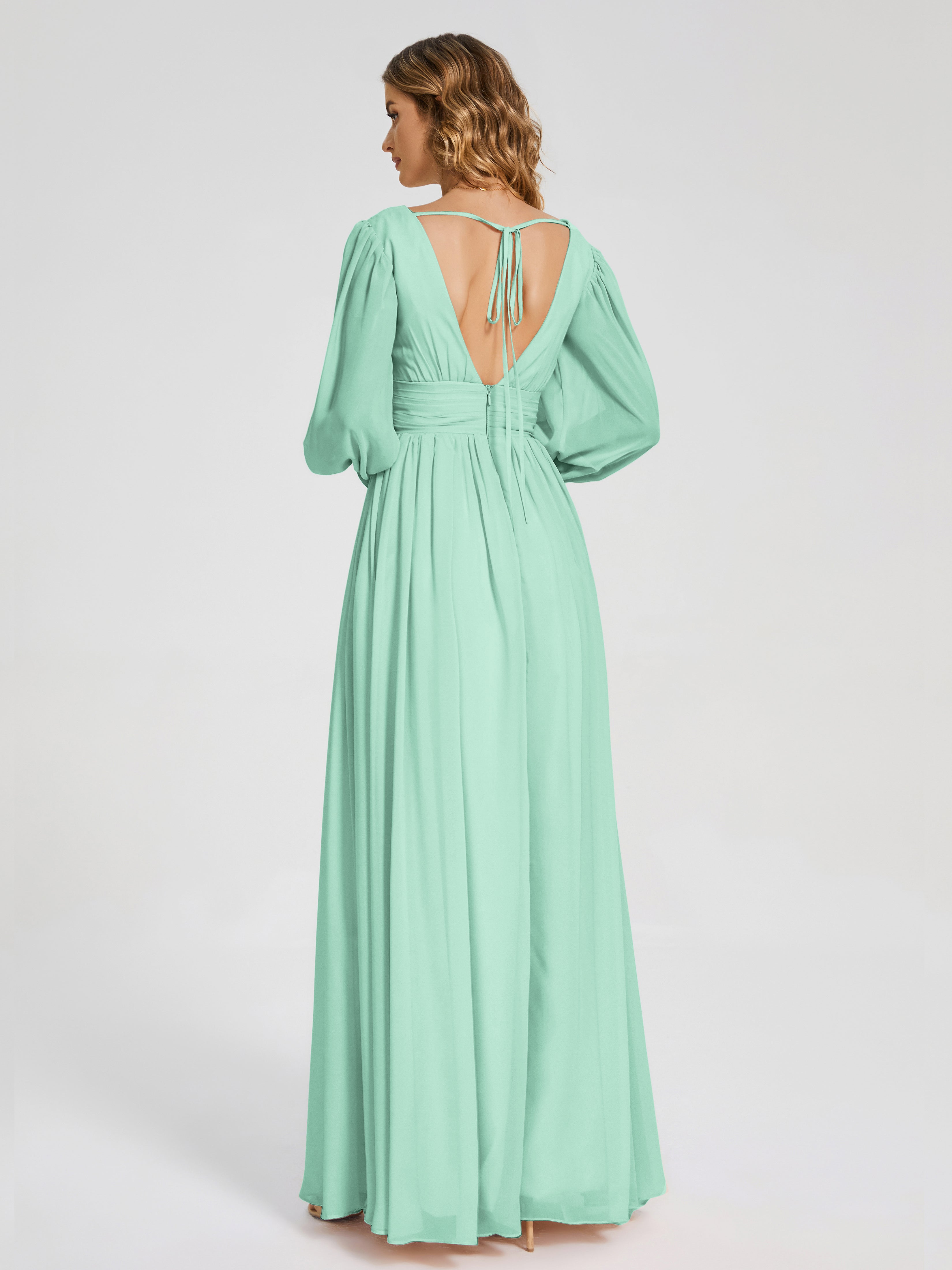 Robe Demoiselle D Honneur Vert Menthe Manches Longues Dos Nu Mousseline Robes Demoiselle D'Honneur