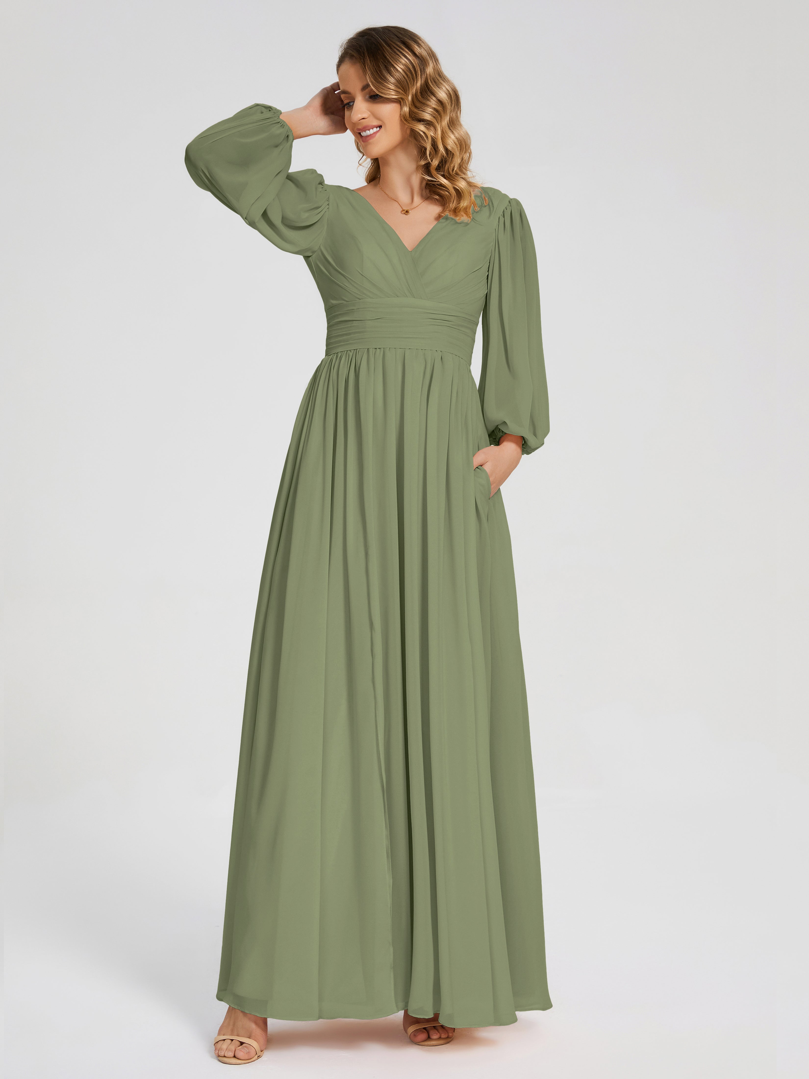 Robes De Demoiselle D'Honneur Olive Manches Longues Dos Nu Mousseline Robes Demoiselle D'Honneur