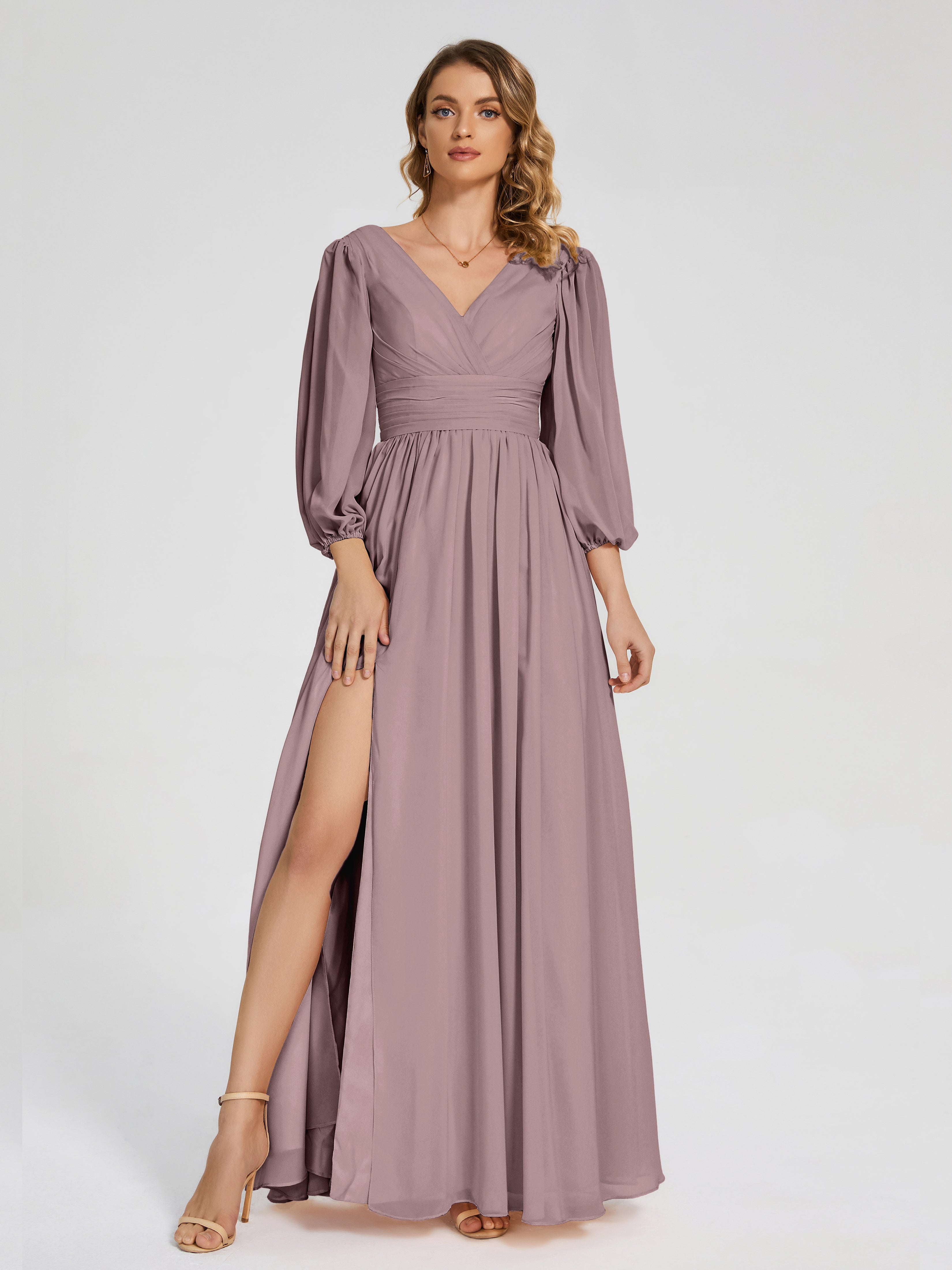 Robes De Demoiselle D'Honneur Mauve Foncé Manches Longues Dos Nu Mousseline Robes Demoiselle D'Honneur