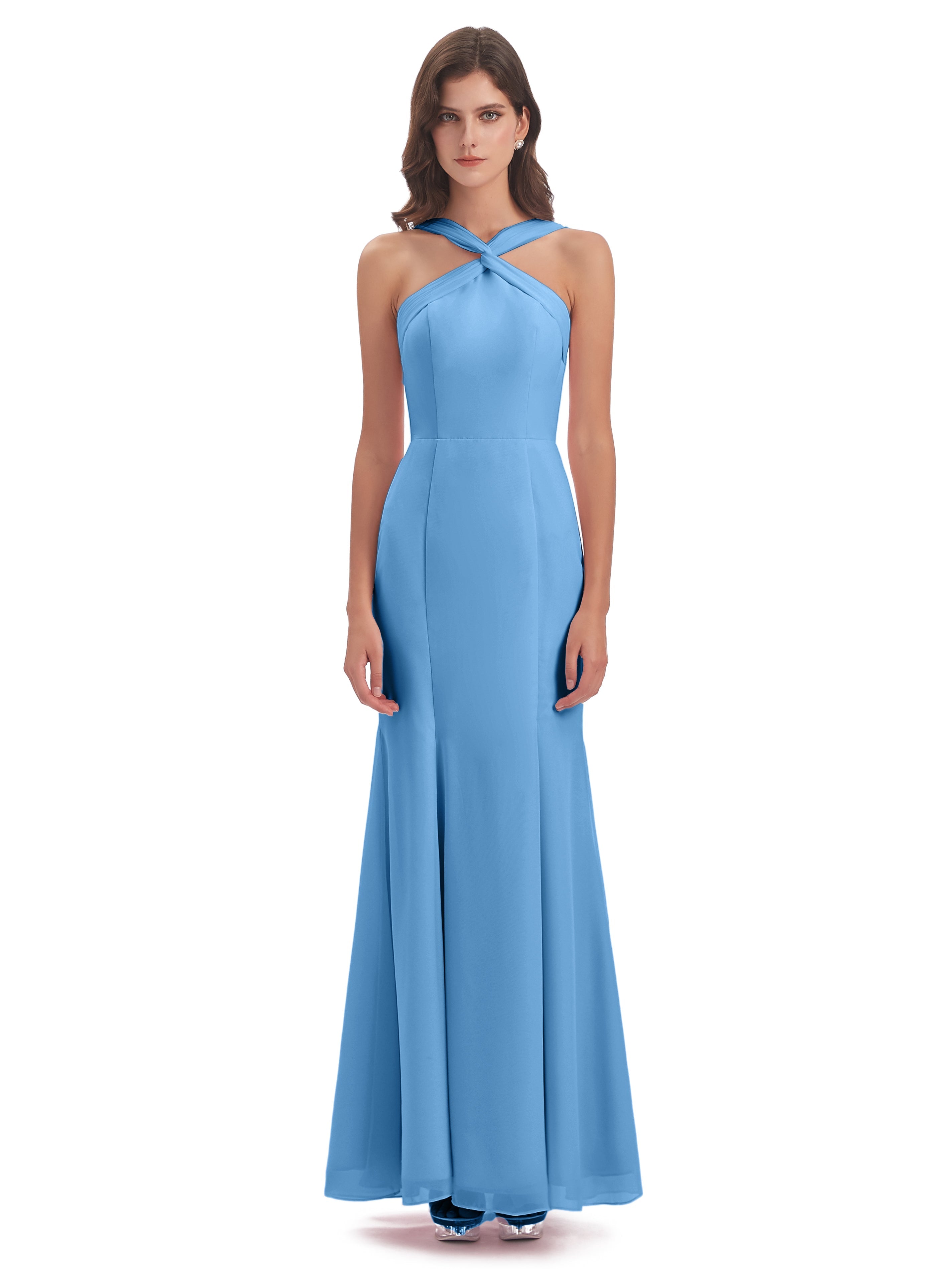 Robes De Demoiselle D'Honneur Bleu Bébé Trompette/Sirène Licou Fendue Devant Robes Demoiselle D'Honneur