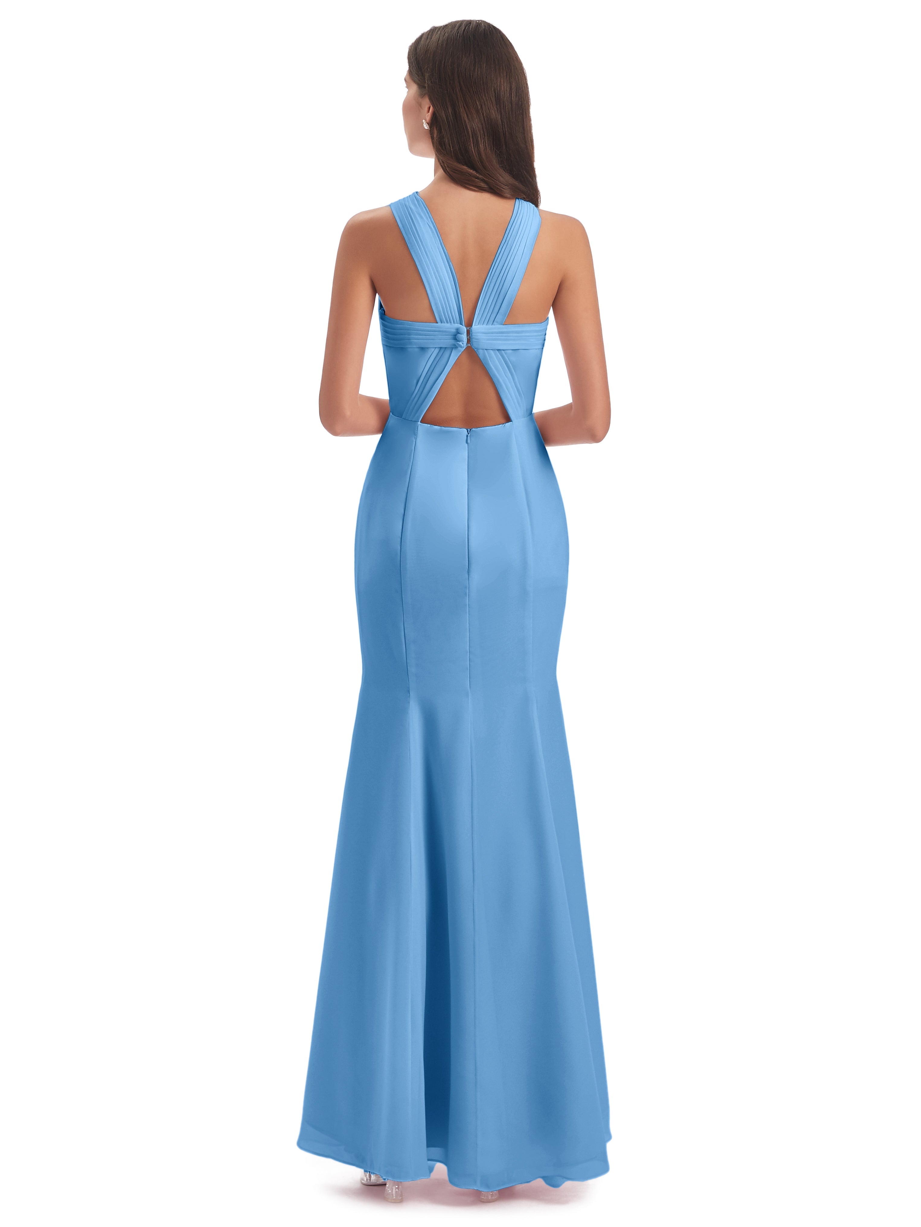 Robes De Demoiselle D'Honneur Bleu Bébé Trompette/Sirène Licou Fendue Devant Robes Demoiselle D'Honneur