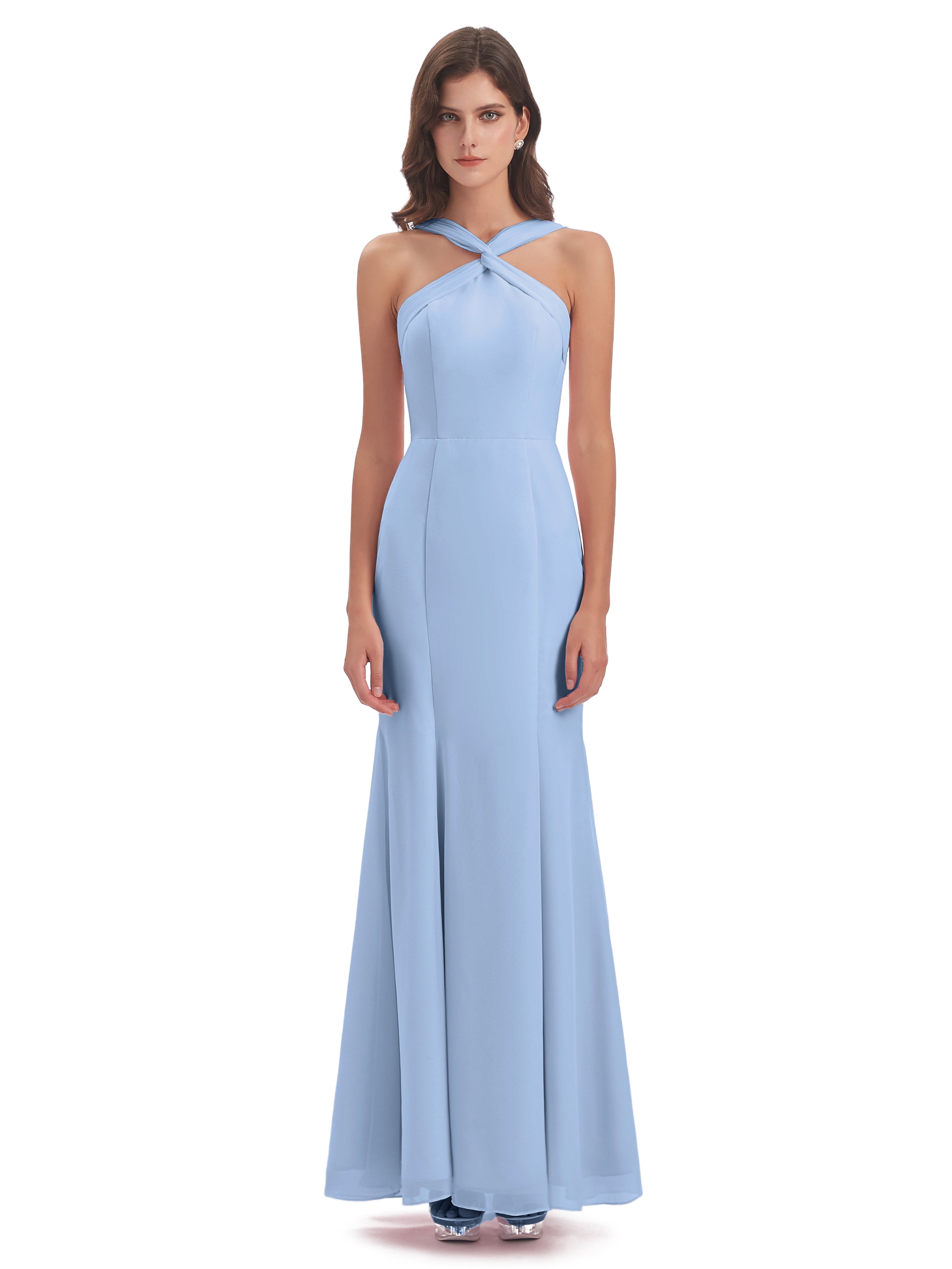 Robe Demoiselle D Honneur Bleu Ciel Trompette/Sirène Licou Fendue Devant Robes Demoiselle D'Honneur