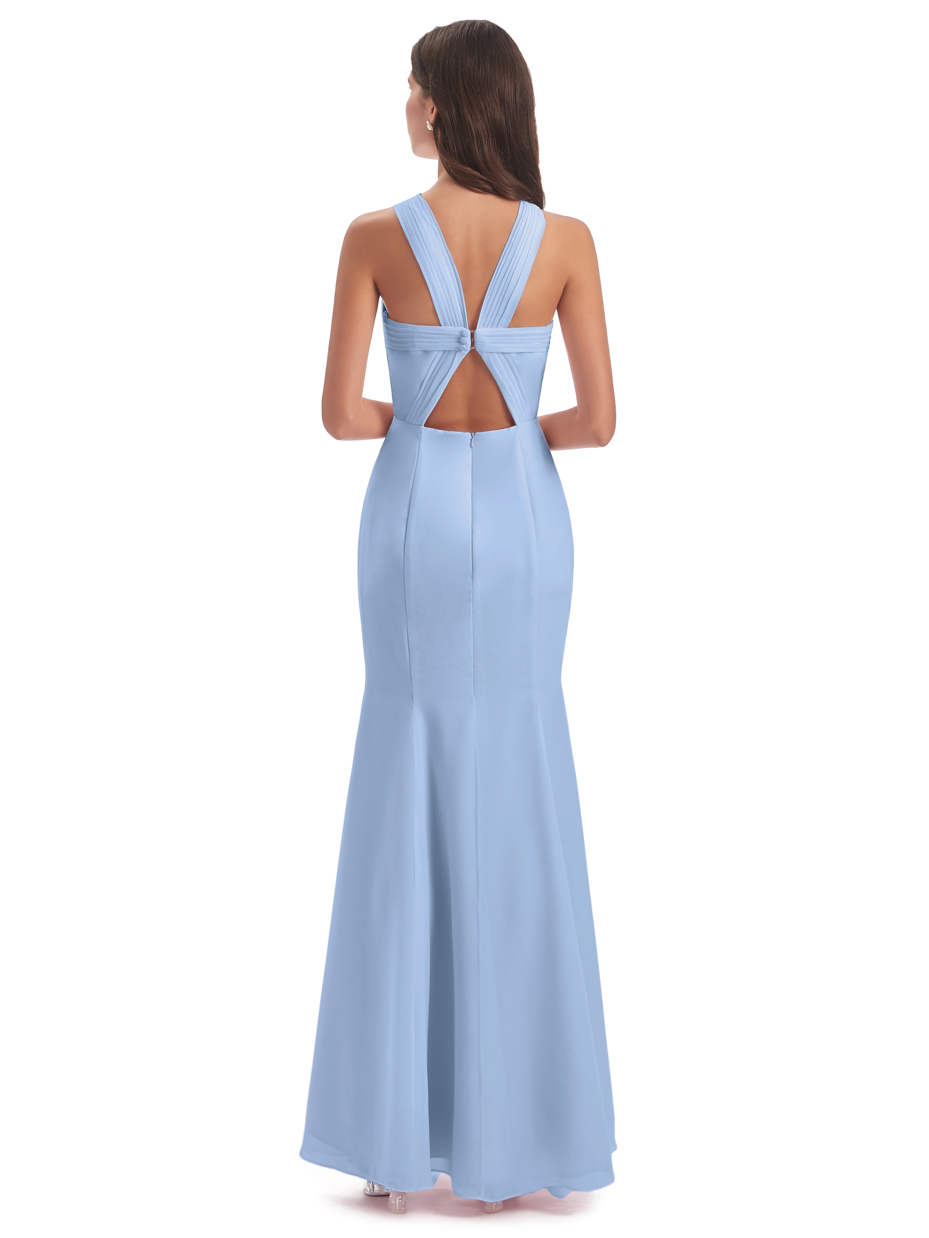 Robe Demoiselle D Honneur Bleu Ciel Trompette/Sirène Licou Fendue Devant Robes Demoiselle D'Honneur