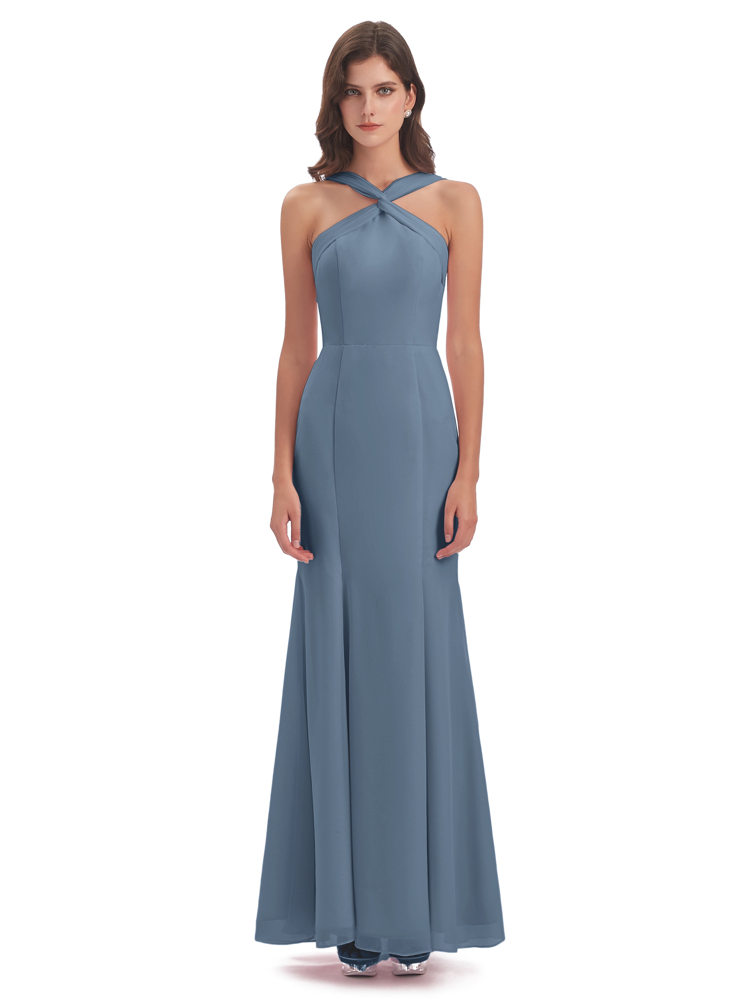 Robes De Demoiselle D'Honneur Bleu De Schiste Trompette/Sirène Licou Fendue Devant Robes Demoiselle D'Honneur