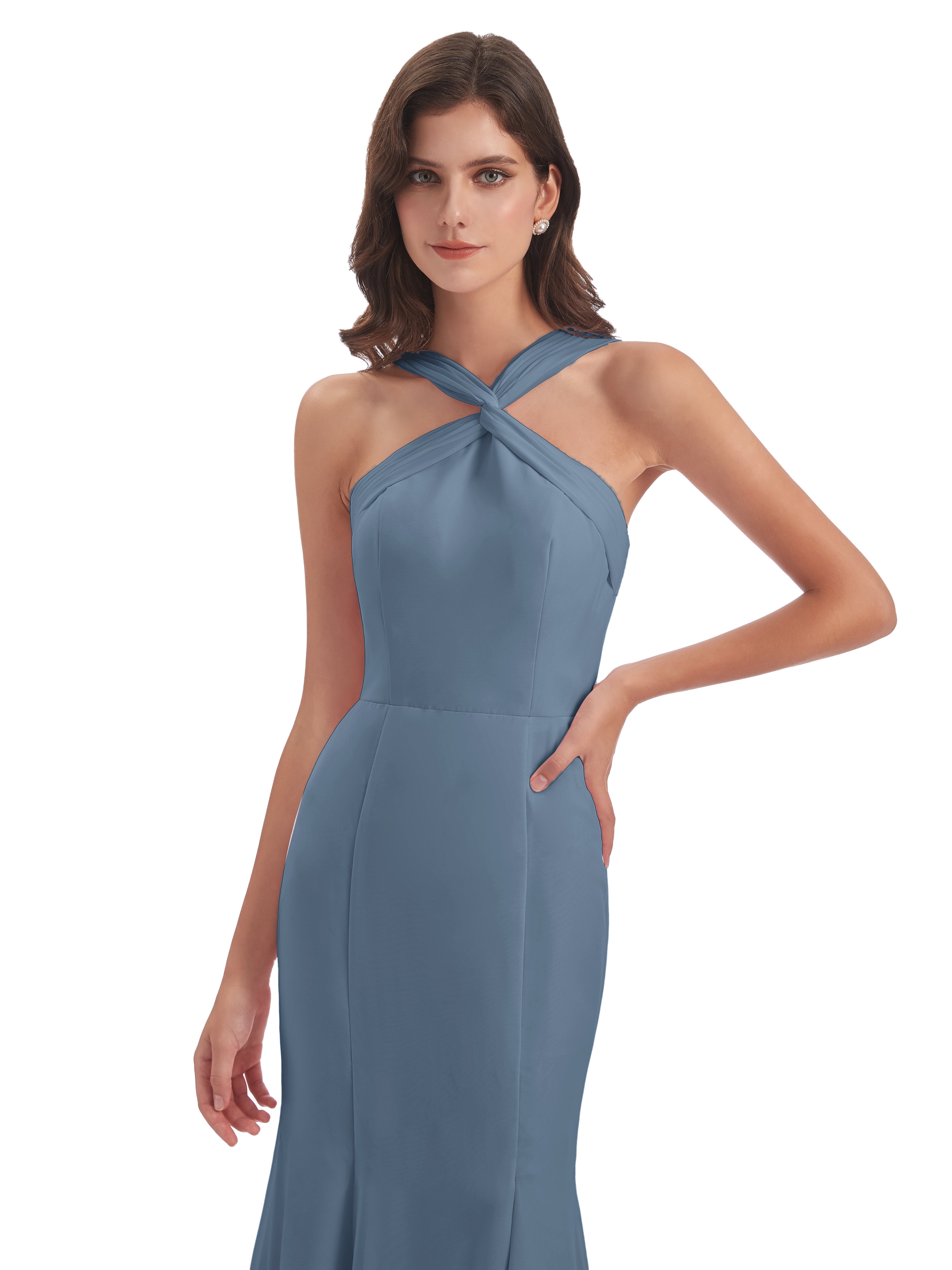 Robes De Demoiselle D'Honneur Bleu De Schiste Trompette/Sirène Licou Fendue Devant Robes Demoiselle D'Honneur