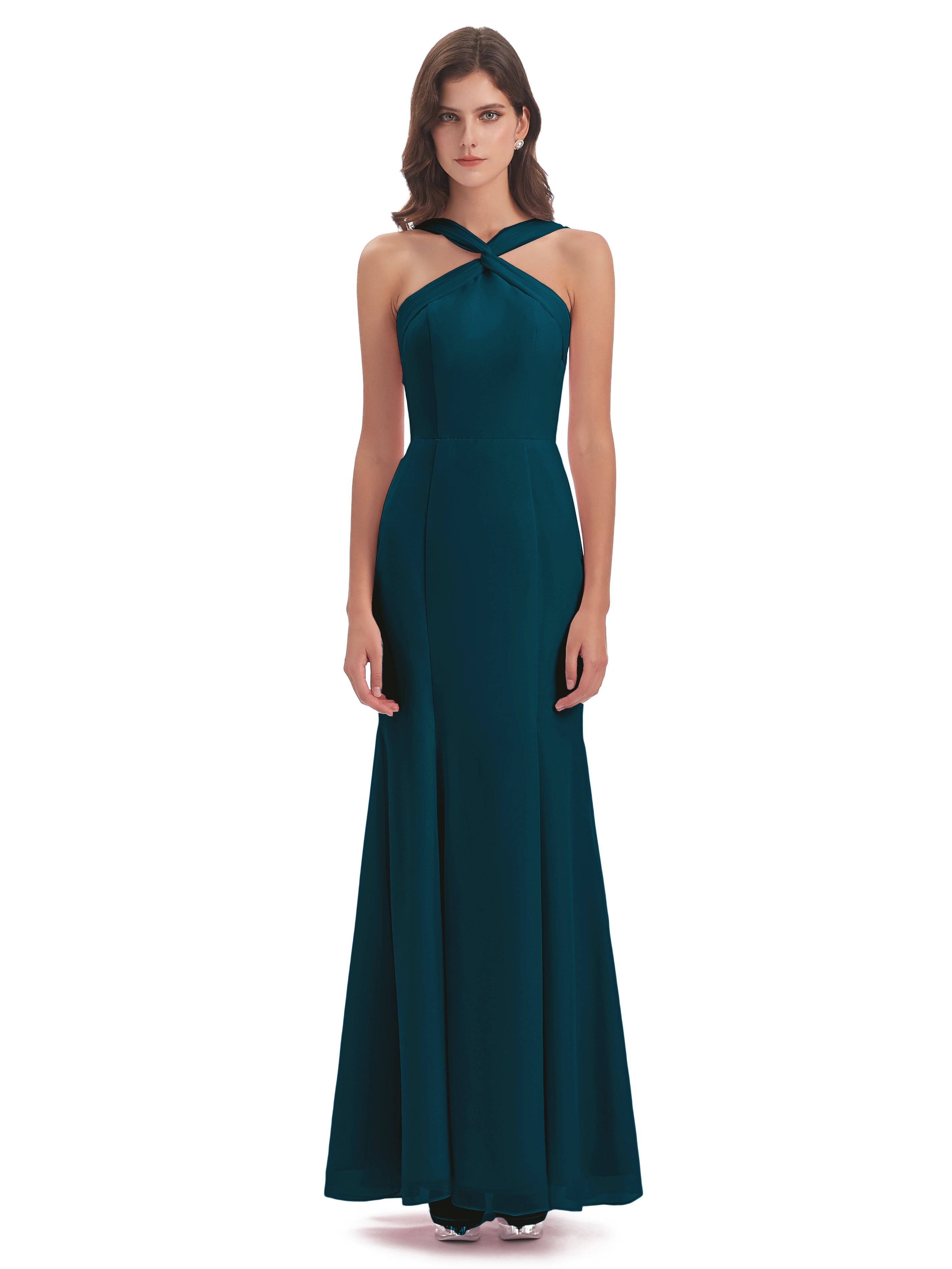 Robe De Demoiselle D'Honneur Bleu Encre Trompette/Sirène Licou Fendue Devant Robes Demoiselle D'Honneur