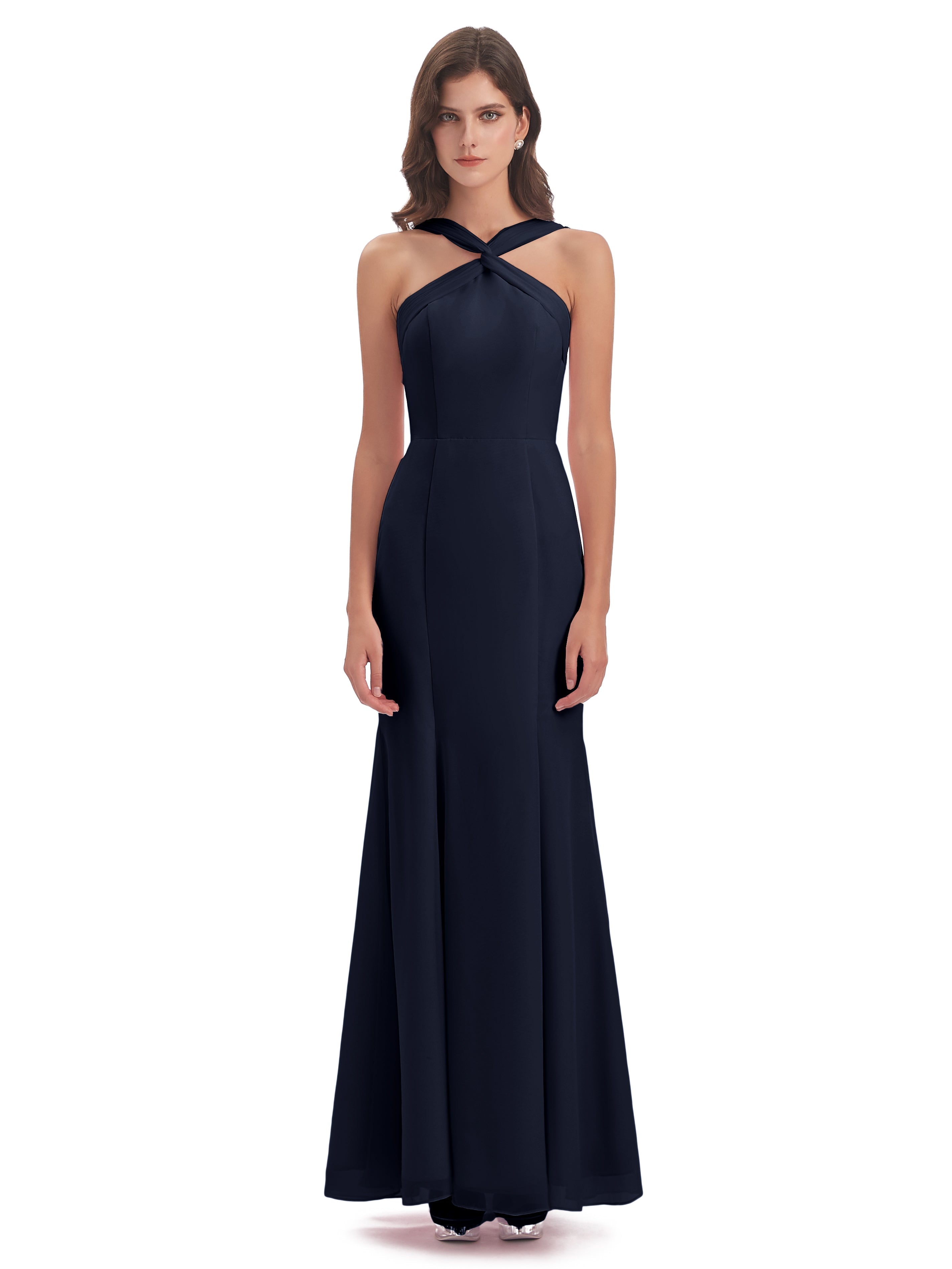 Robe Bleue Marine Demoiselle D Honneur Trompette/Sirène Licou Fendue Devant Robes Demoiselle D'Honneur