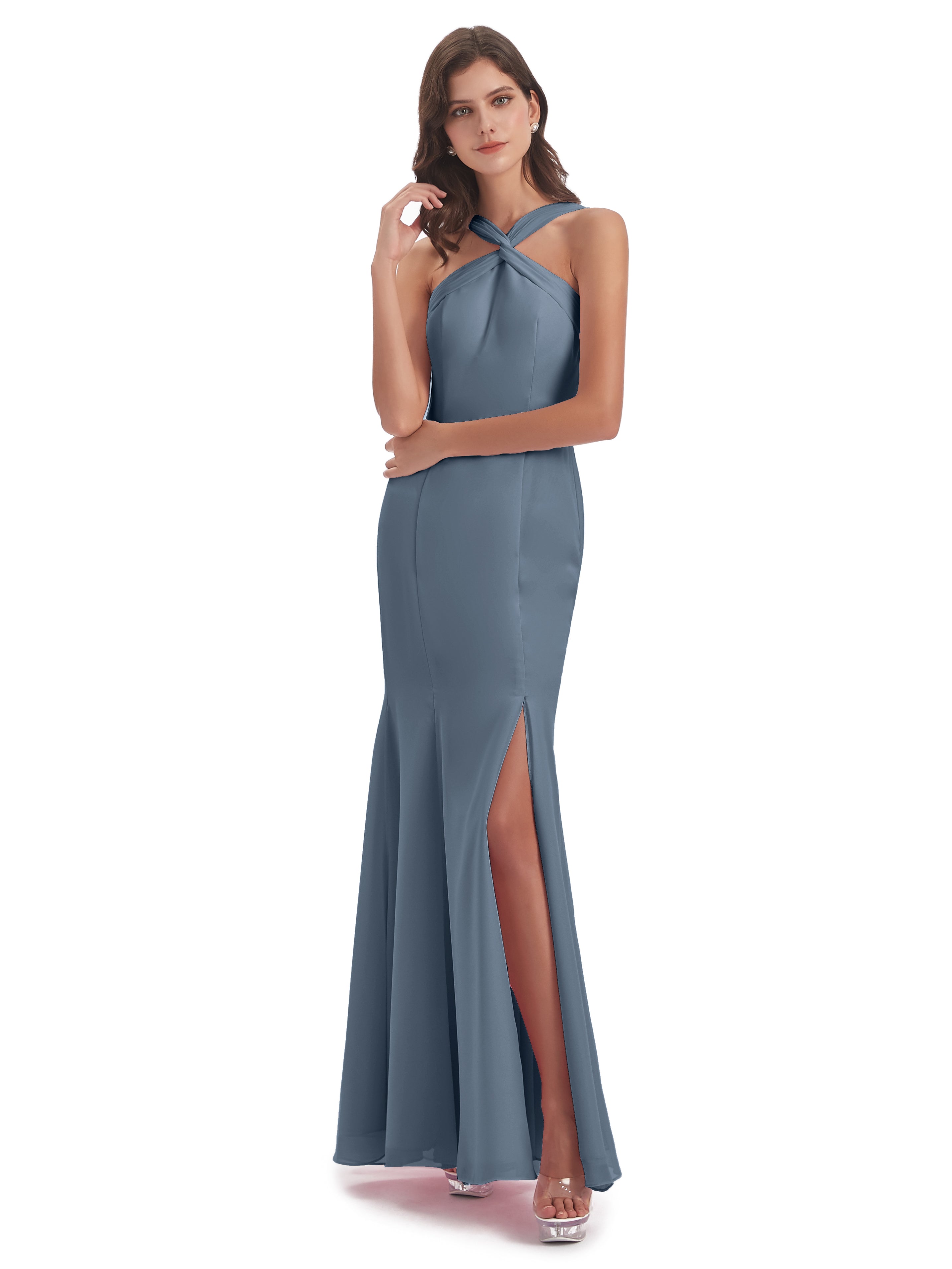 Robes De Demoiselle D'Honneur Bleu Gris Trompette/Sirène Licou Fendue Devant Robes Demoiselle D'Honneur