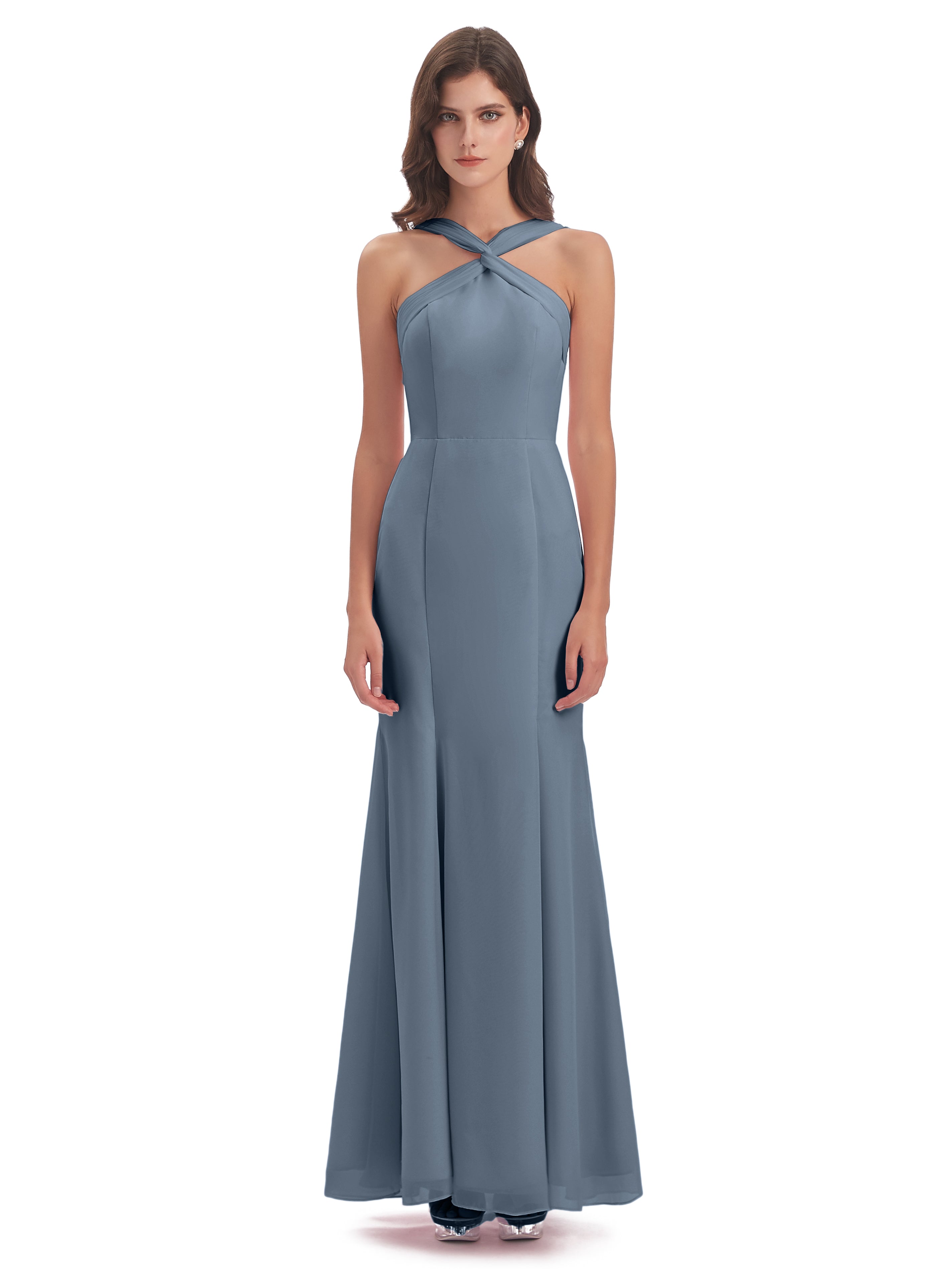 Robes De Demoiselle D'Honneur Bleu Gris Trompette/Sirène Licou Fendue Devant Robes Demoiselle D'Honneur