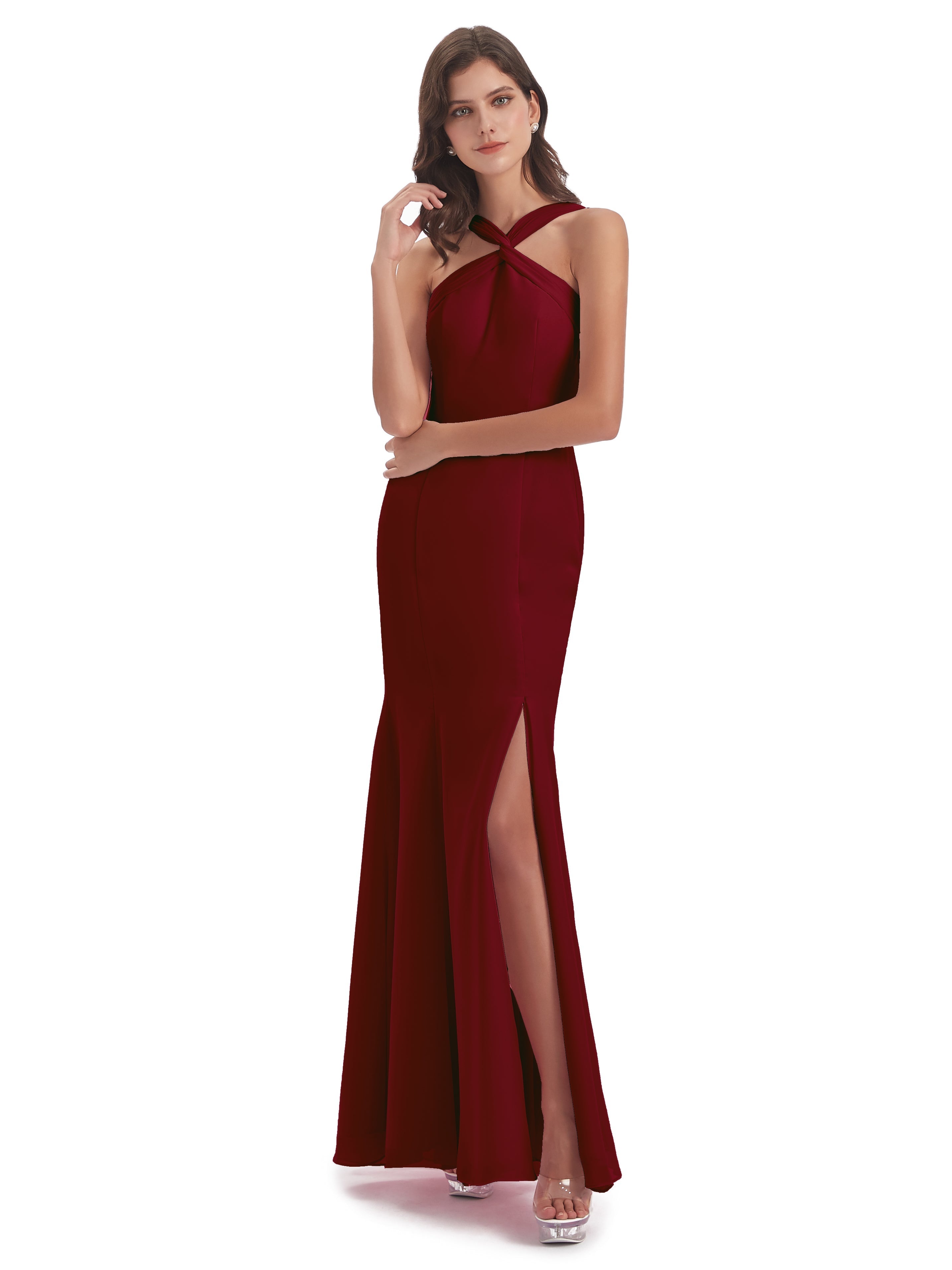 Robe Longue Demoiselle D Honneur Bordeaux Trompette/Sirène Licou Fendue Devant Robes Demoiselle D'Honneur