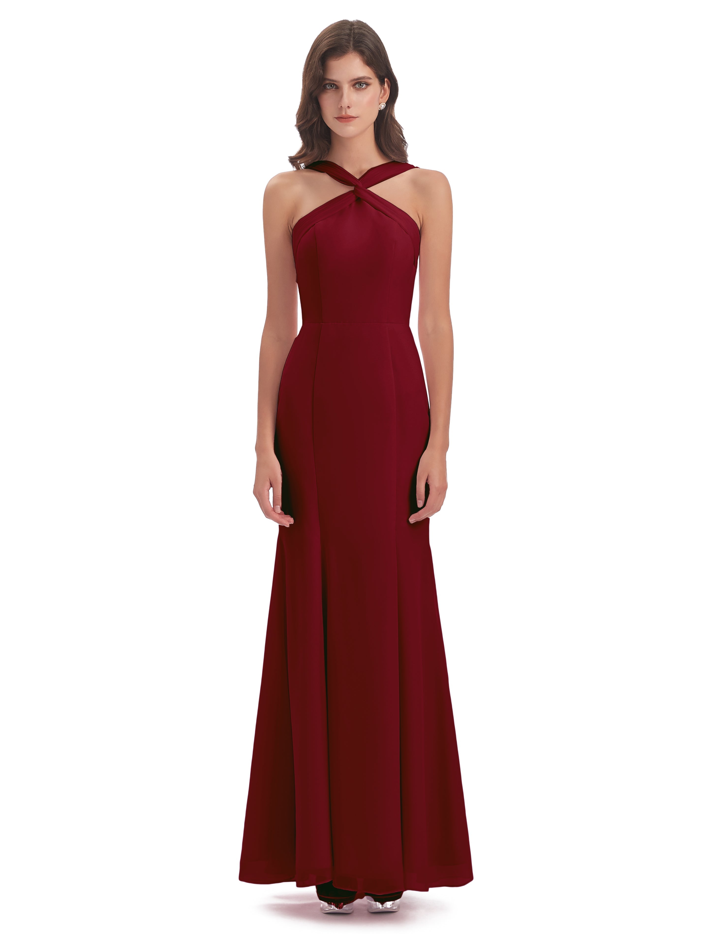 Robe Longue Demoiselle D Honneur Bordeaux Trompette/Sirène Licou Fendue Devant Robes Demoiselle D'Honneur