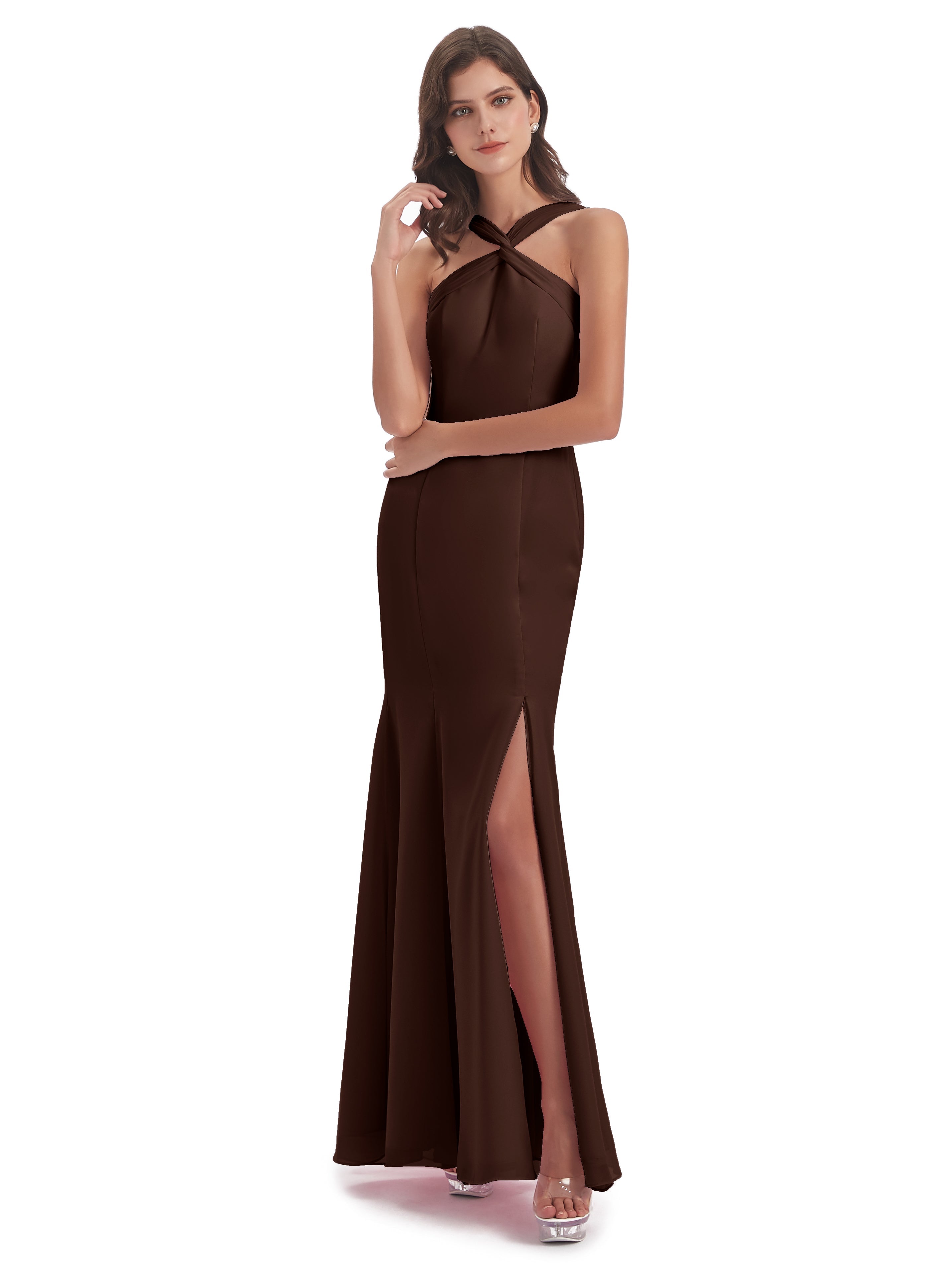 Robe Chocolat Demoiselle D Honneur Trompette/Sirène Licou Fendue Devant Robes Demoiselle D'Honneur