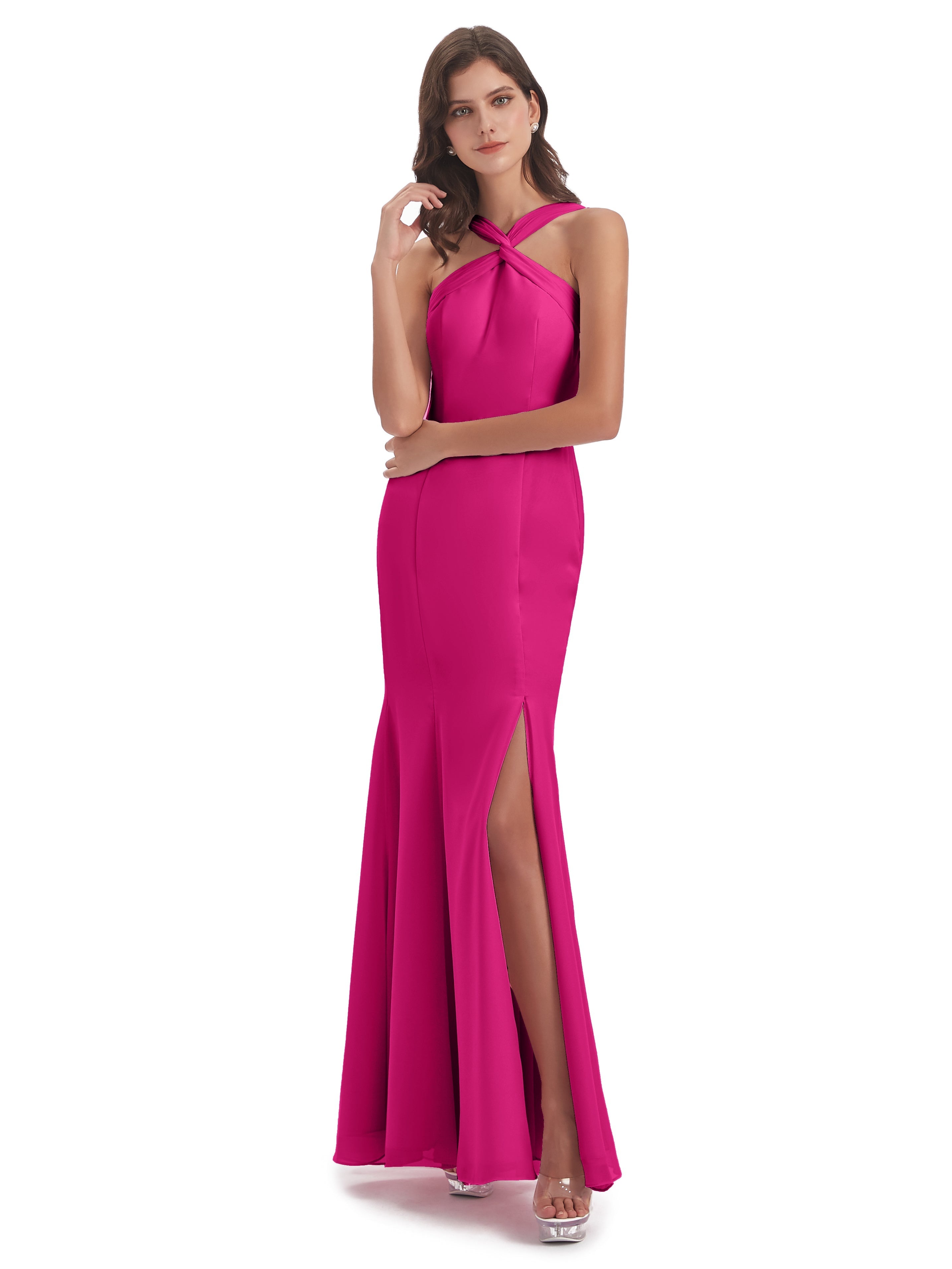 Robe Demoiselle D Honneur Rose Fuchsia Trompette/Sirène Licou Fendue Devant Robes Demoiselle D'Honneur