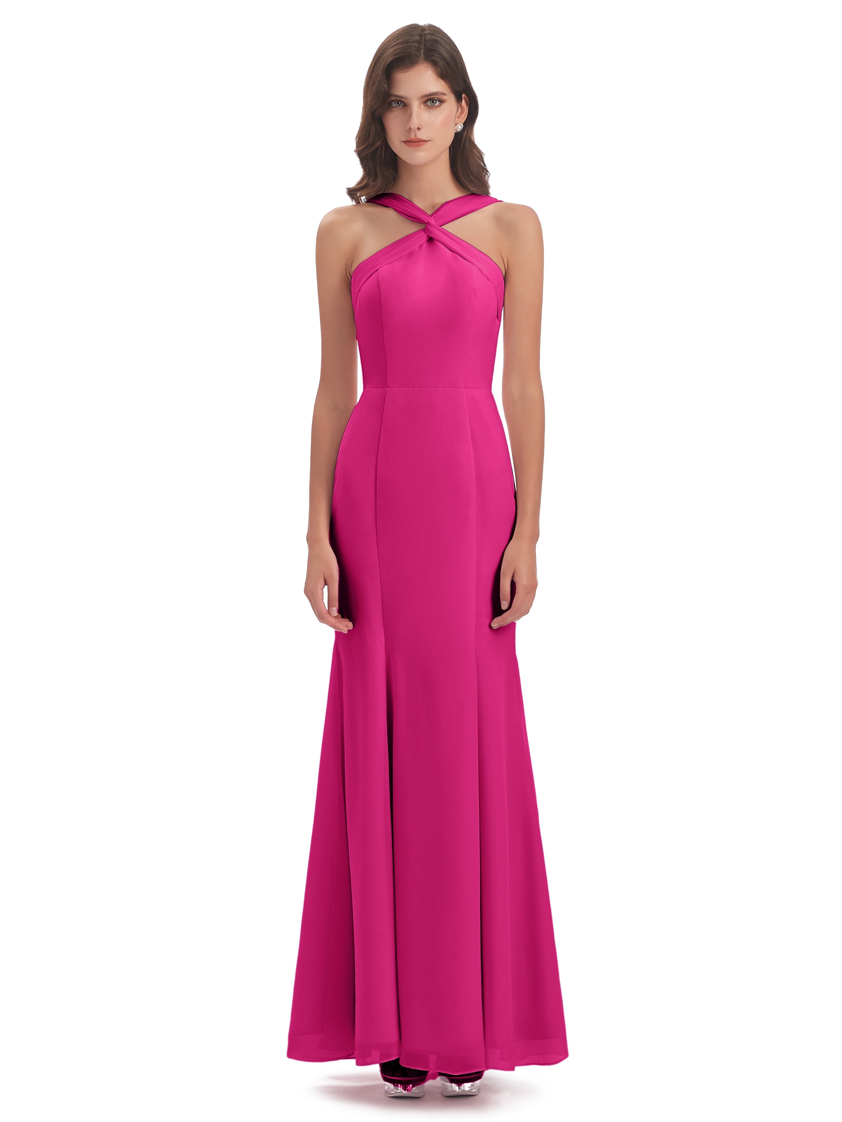 Robe Demoiselle D Honneur Rose Fuchsia Trompette/Sirène Licou Fendue Devant Robes Demoiselle D'Honneur