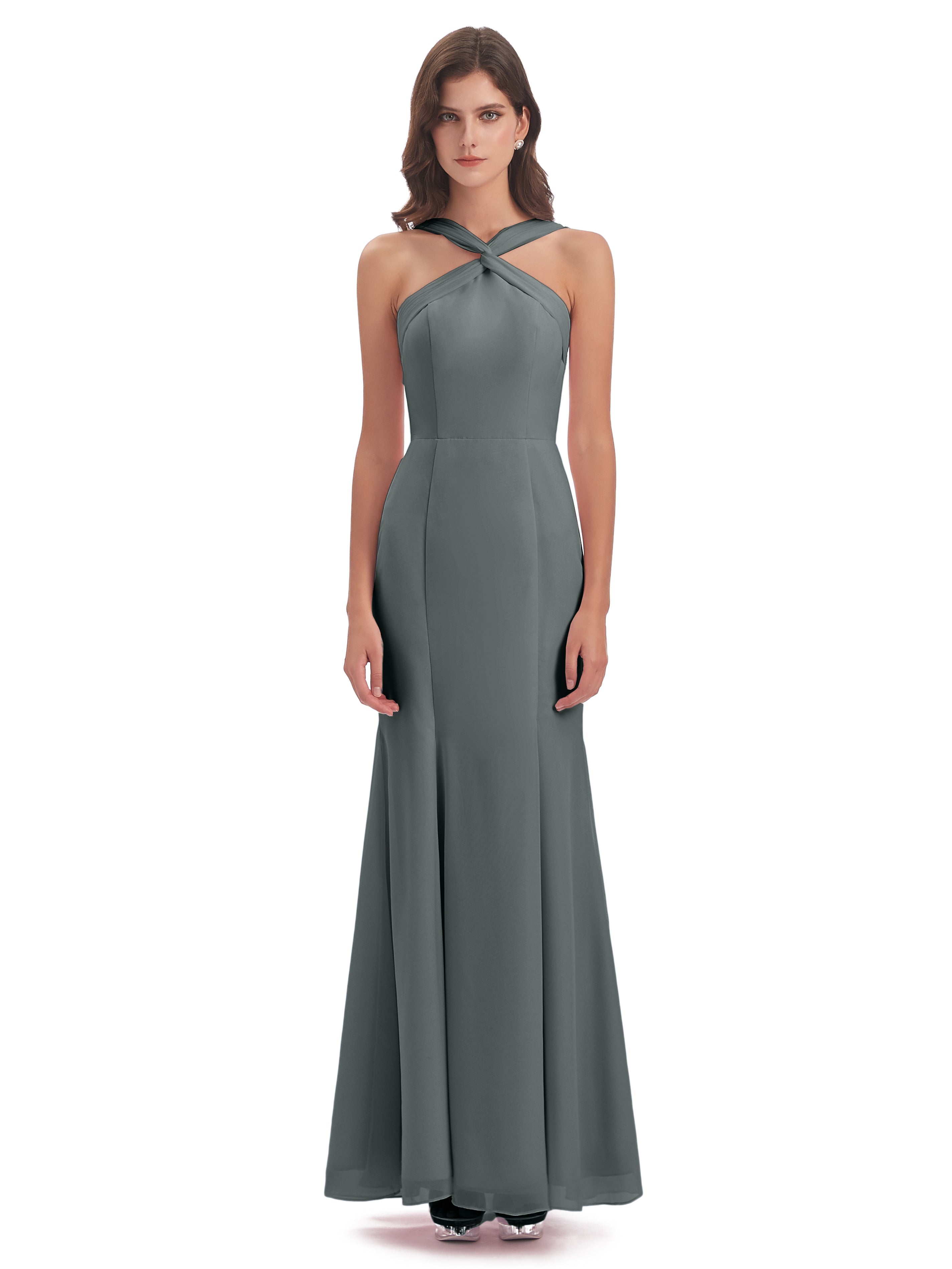 Robe De Demoiselle D Honneur Grise Trompette/Sirène Licou Fendue Devant Robes Demoiselle D'Honneur