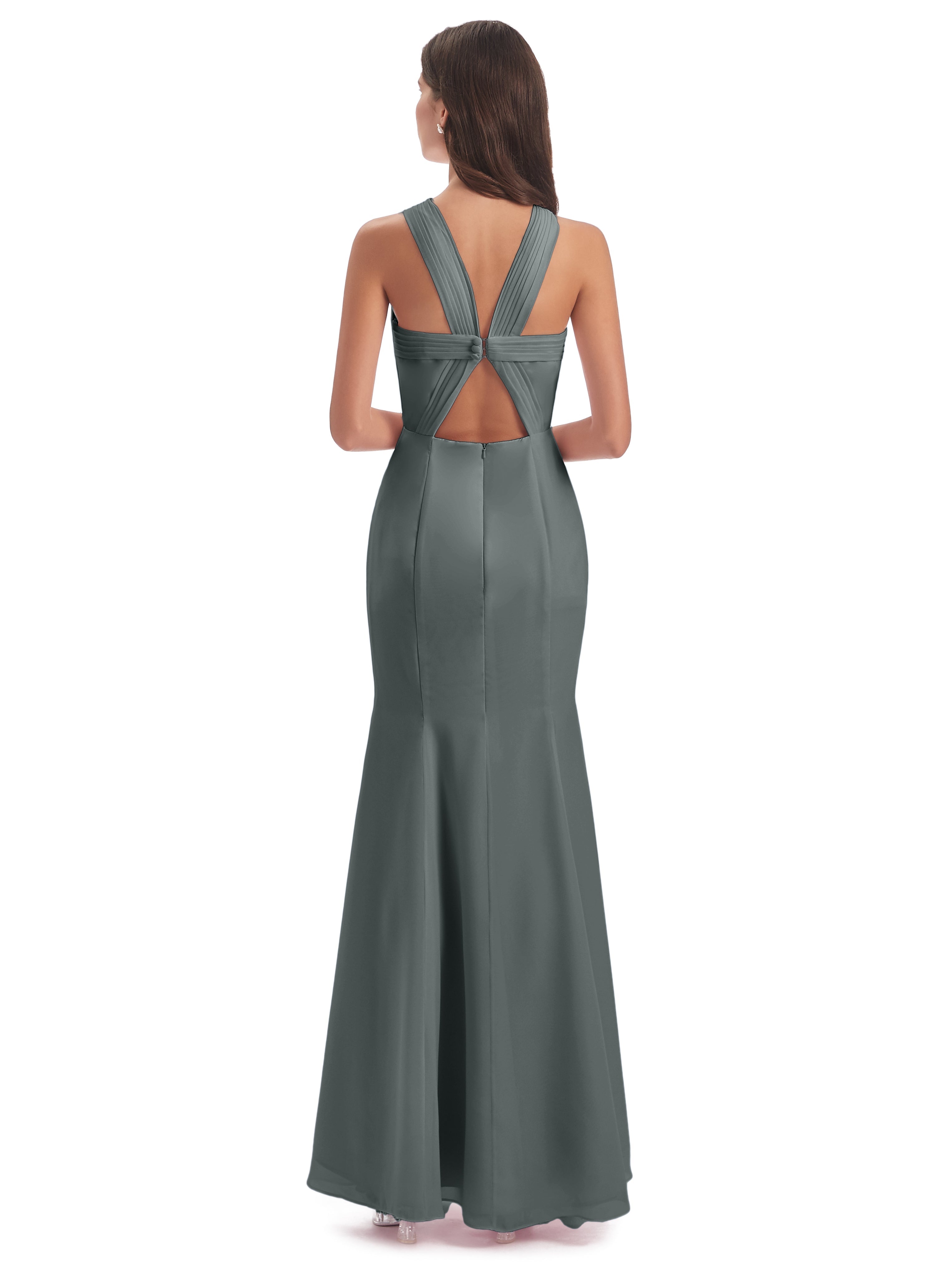 Robe De Demoiselle D Honneur Grise Trompette/Sirène Licou Fendue Devant Robes Demoiselle D'Honneur