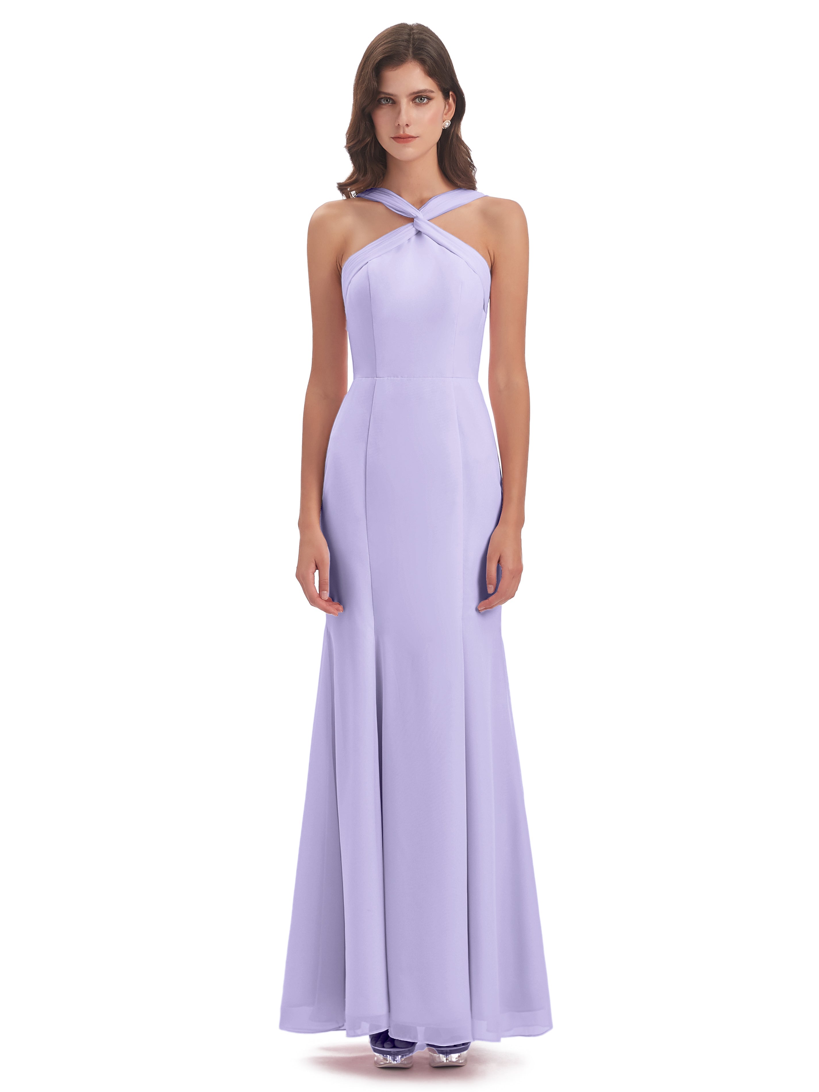 Robe Longue Lilas Demoiselle D Honneur Trompette/Sirène Licou Fendue Devant Robes Demoiselle D'Honneur