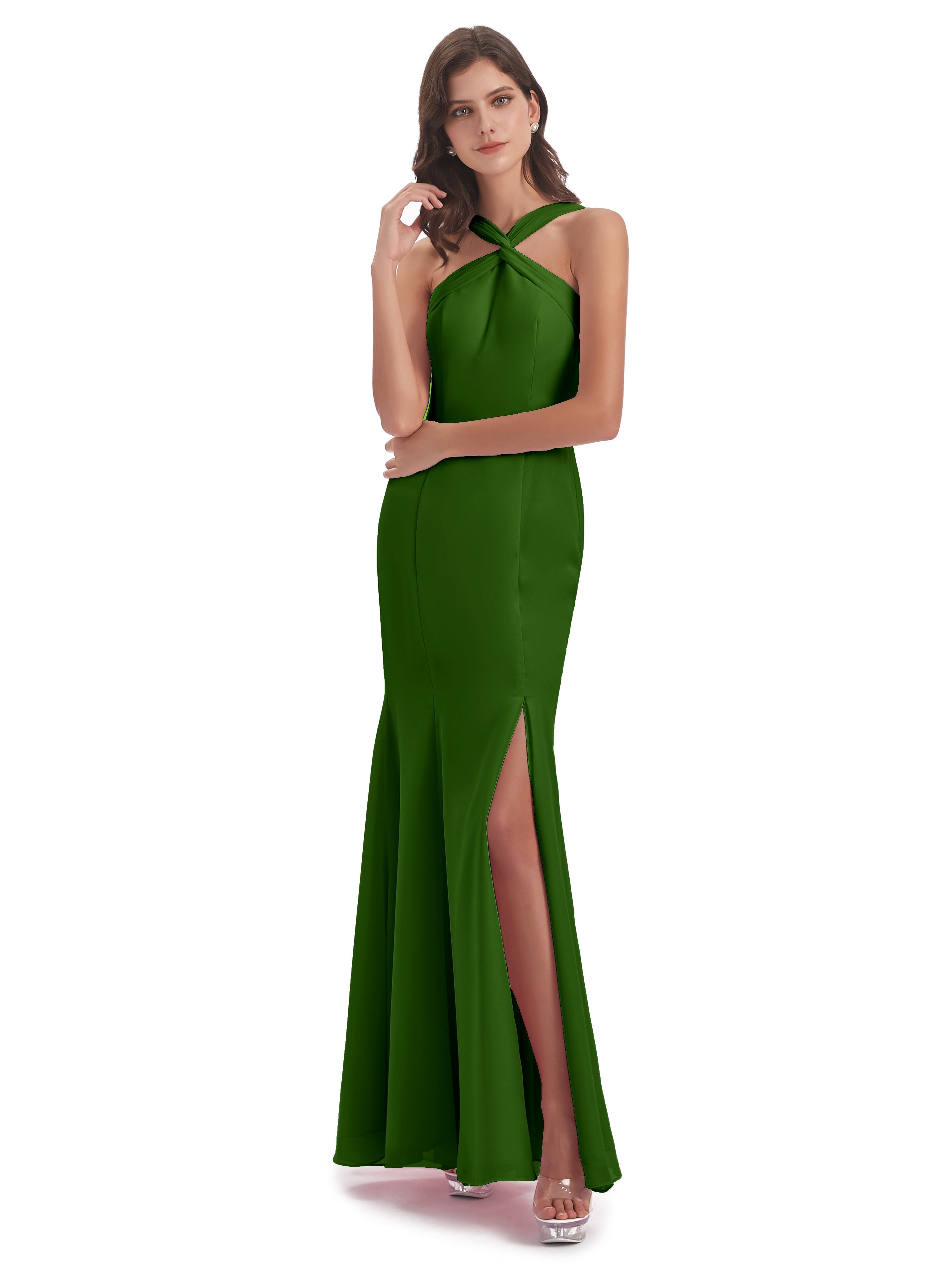 Robes De Demoiselle D'Honneur Vert Mousse Trompette/Sirène Licou Fendue Devant Robes Demoiselle D'Honneur