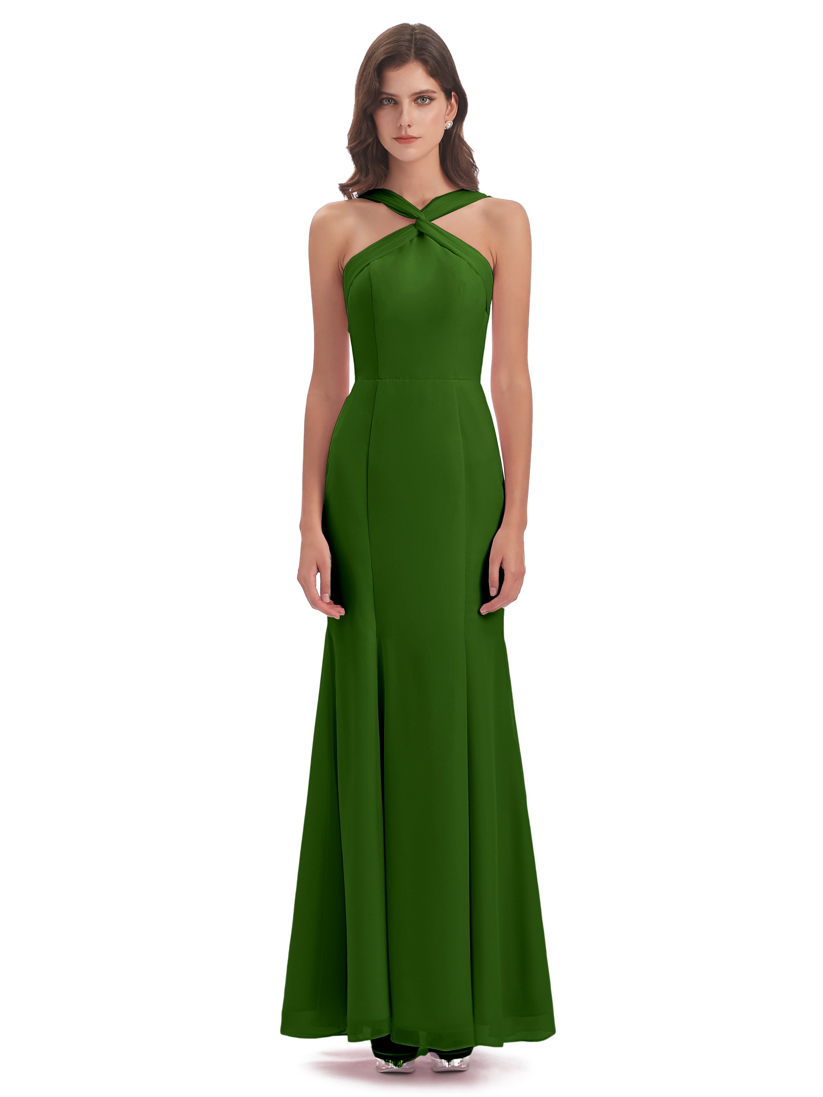 Robes De Demoiselle D'Honneur Vert Mousse Trompette/Sirène Licou Fendue Devant Robes Demoiselle D'Honneur
