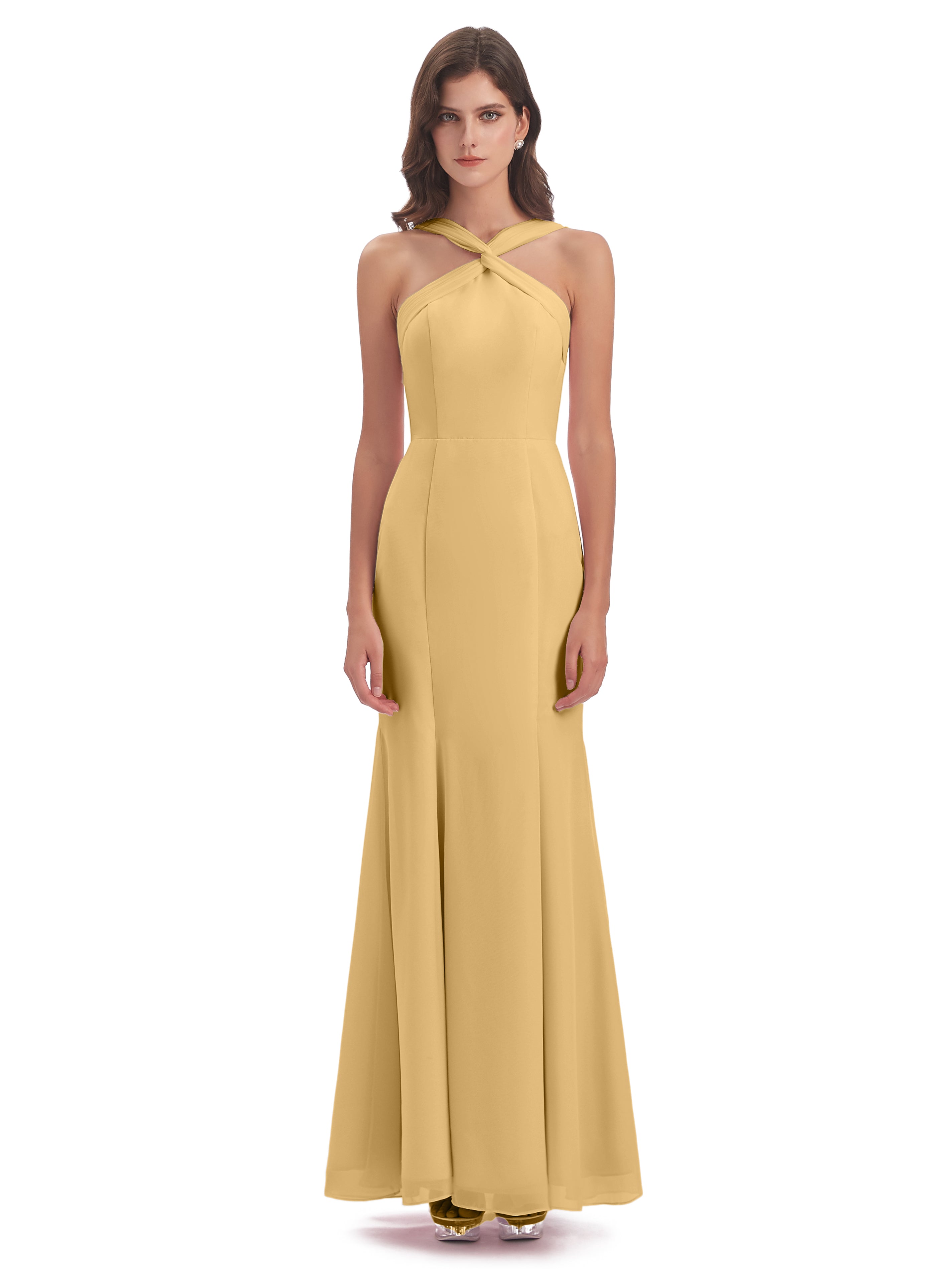 Robe De Demoiselle D Honneur Dorée Trompette/Sirène Licou Fendue Devant Robes Demoiselle D'Honneur