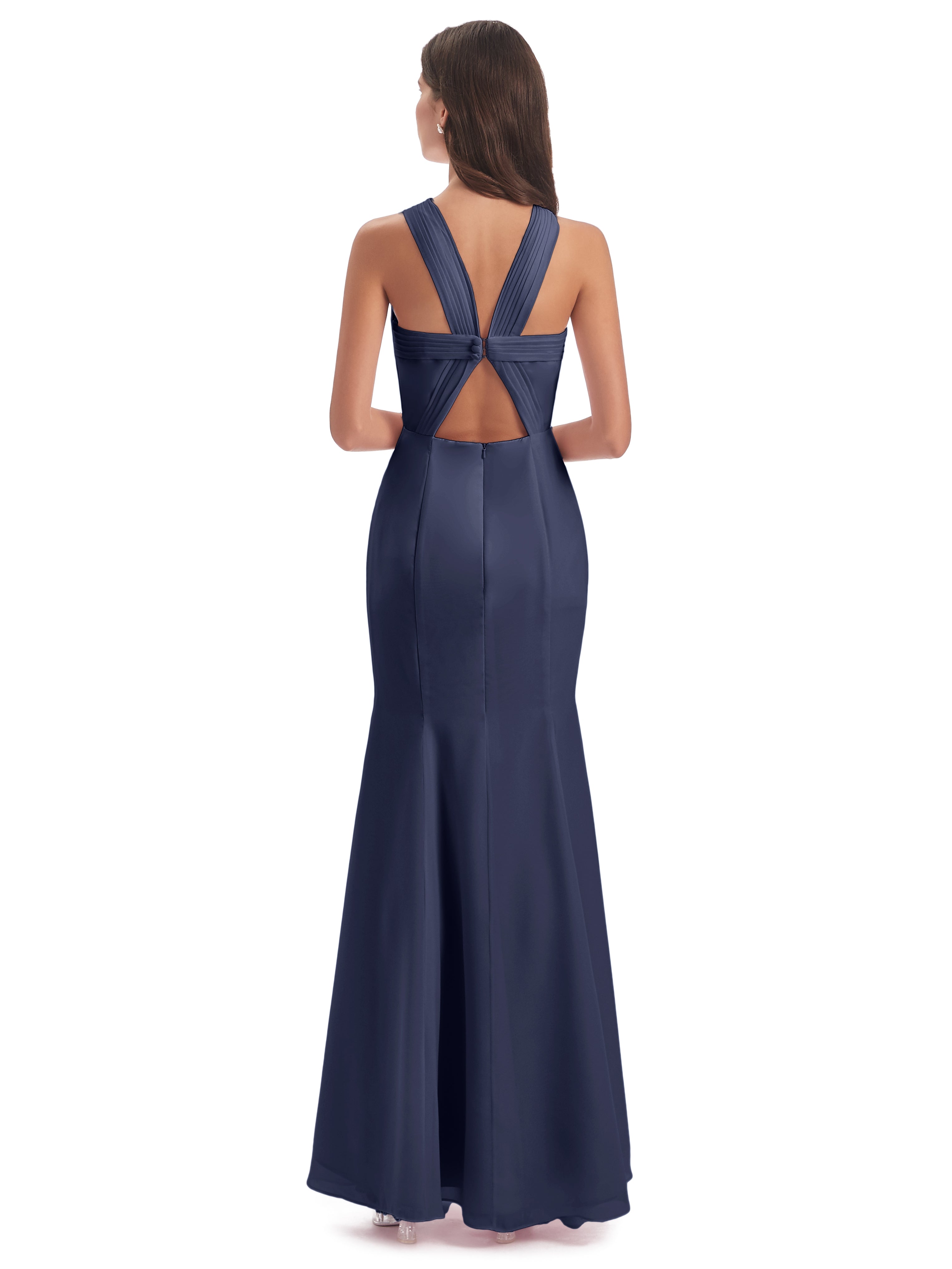 Robes De Demoiselle D'Honneur Bleu Orageux Trompette/Sirène Licou Fendue Devant Robes Demoiselle D'Honneur