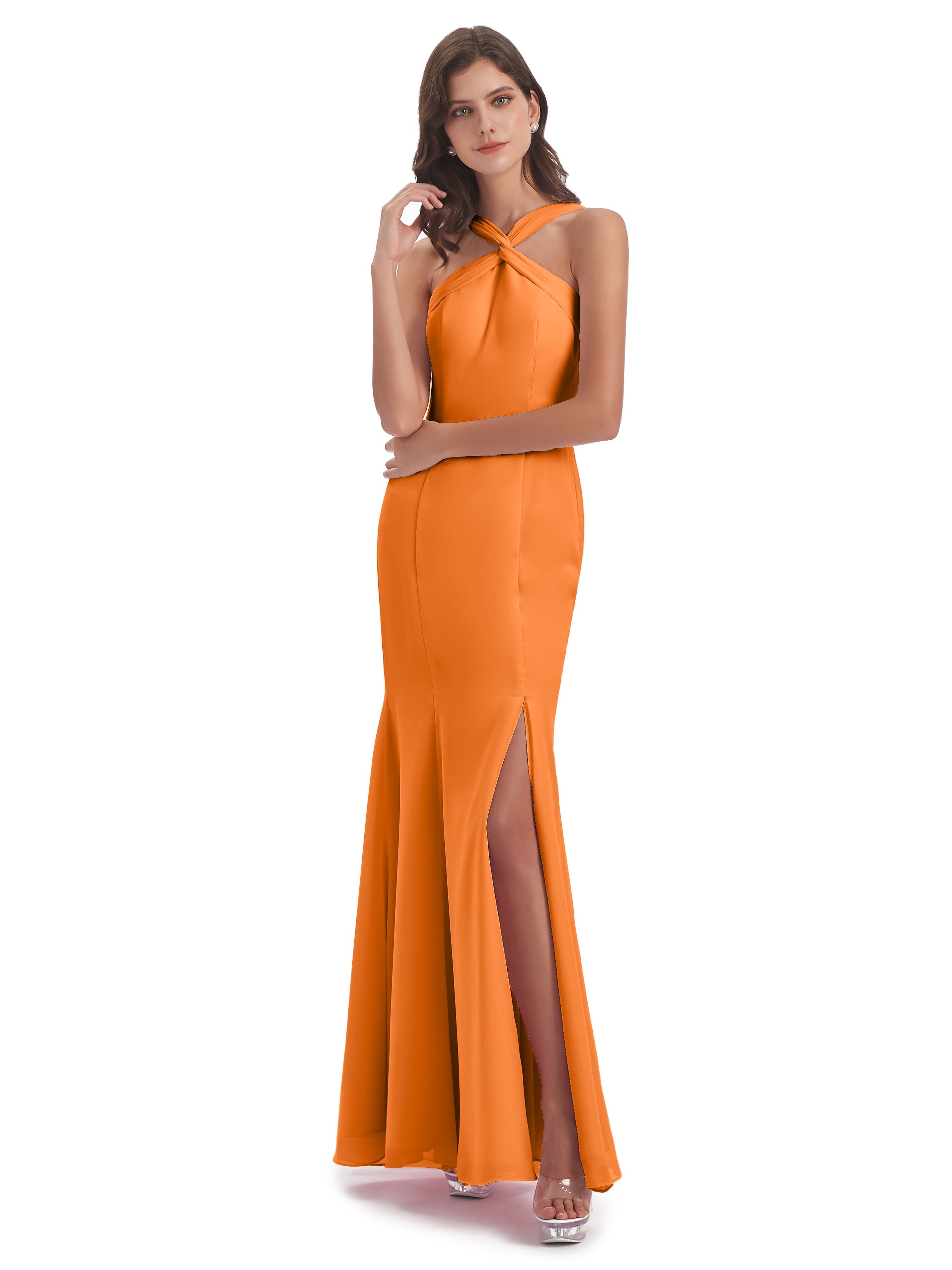 Demoiselle Dhonneur Robe Orange Trompette/Sirène Licou Fendue Devant Robes Demoiselle D'Honneur