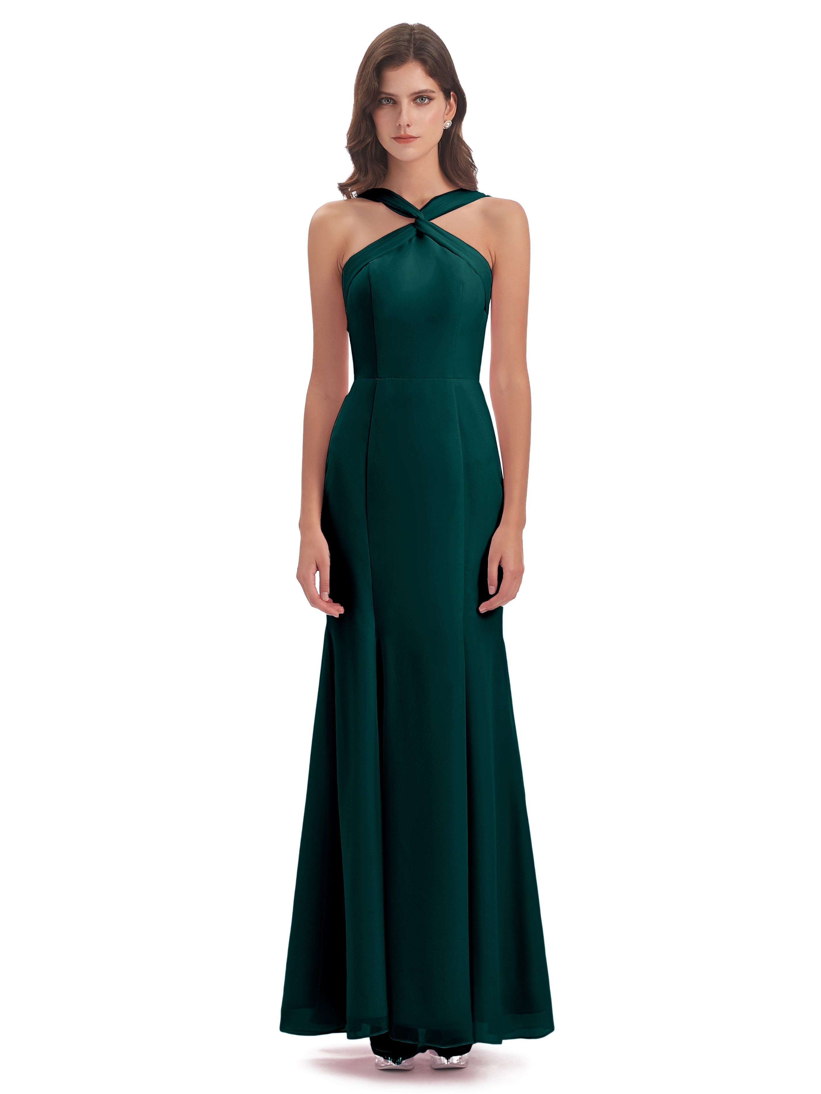Robe De Demoiselle D'Honneur De Paon Au Sol Trompette/Sirène Licou Fendue Devant Robes Demoiselle D'Honneur