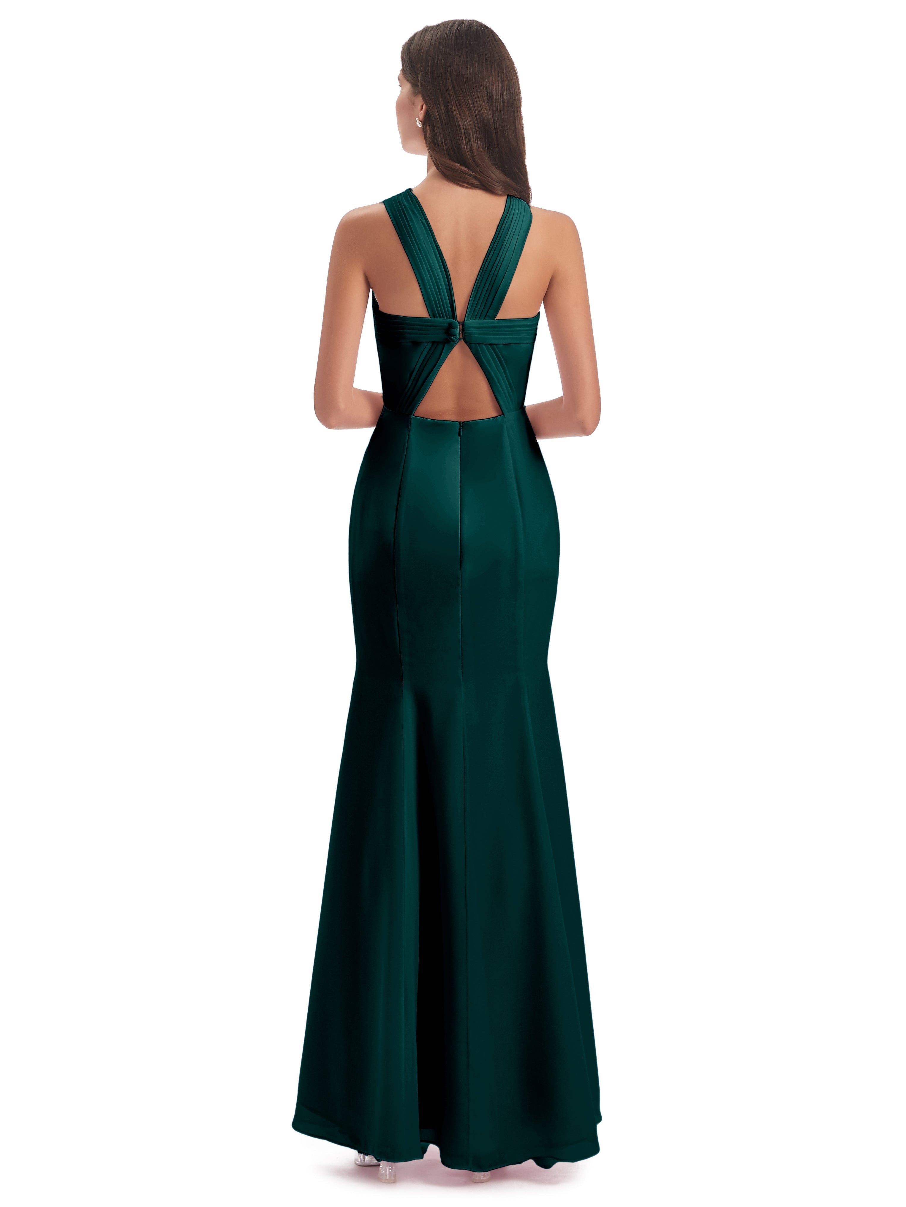 Robe De Demoiselle D'Honneur De Paon Au Sol Trompette/Sirène Licou Fendue Devant Robes Demoiselle D'Honneur