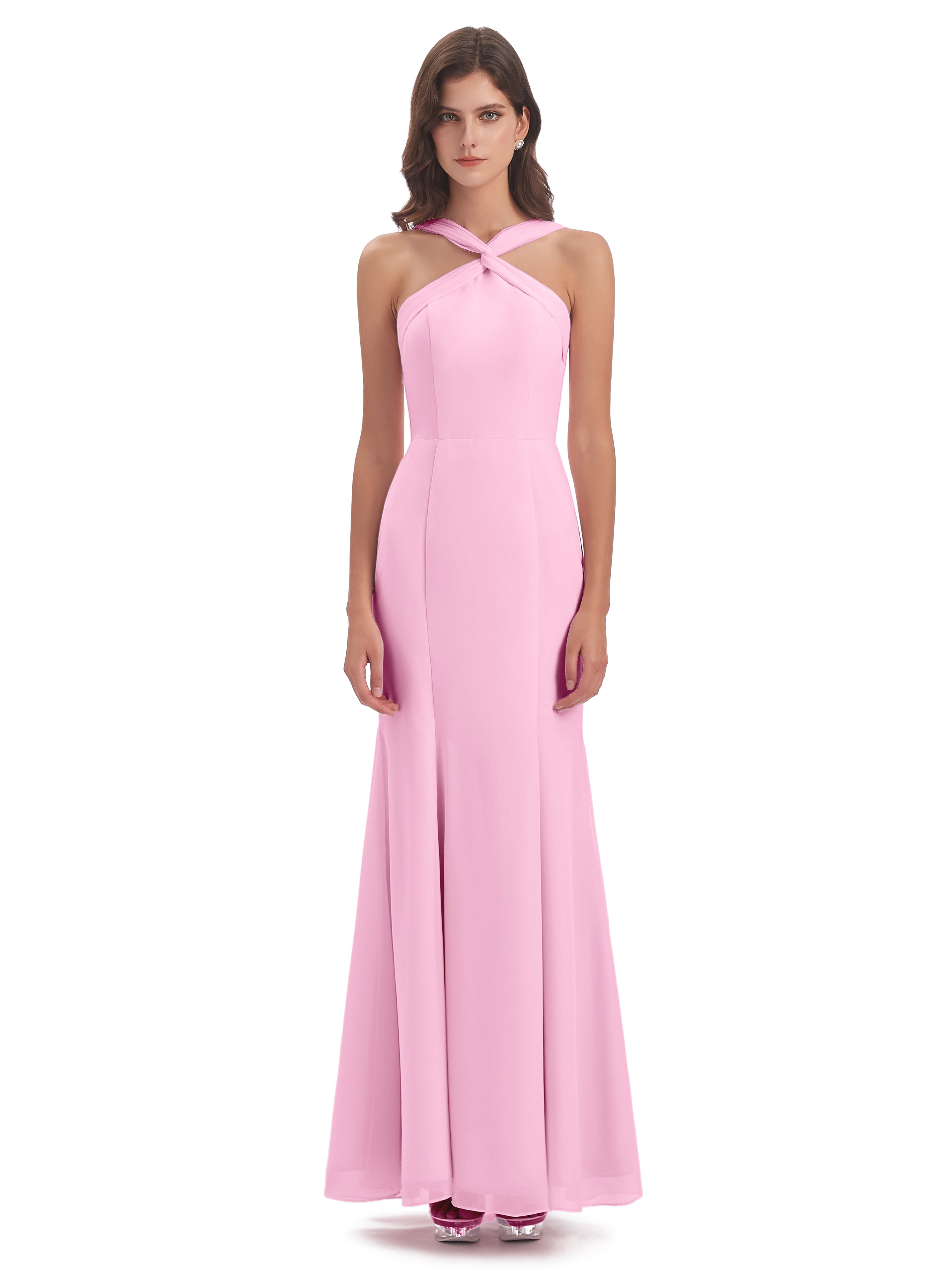 Robe Demoiselle D Honneur Rose Bonbon Trompette/Sirène Licou Fendue Devant Robes Demoiselle D'Honneur