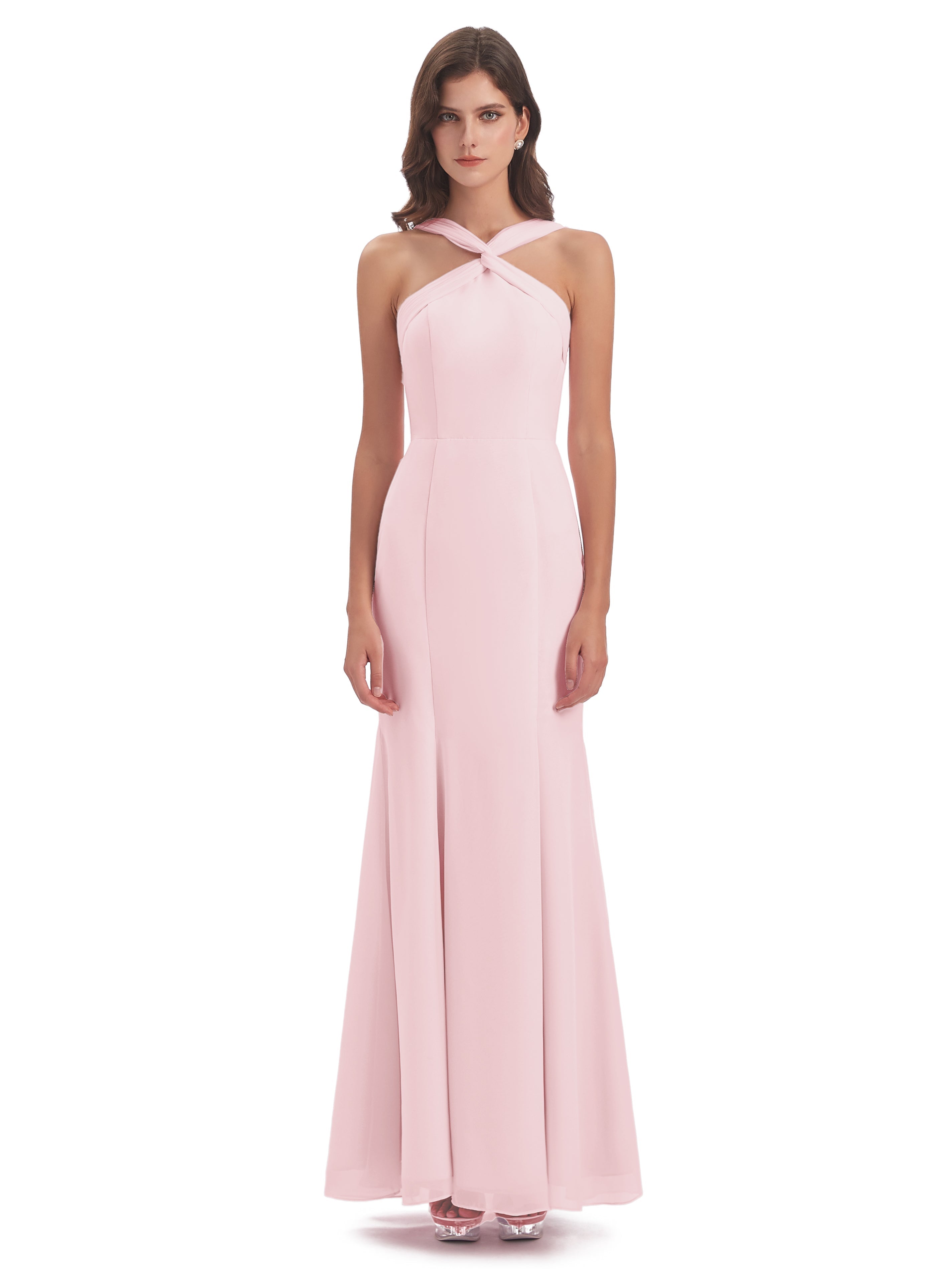 Robe Rose Pale Demoiselle D Honneur Trompette/Sirène Licou Fendue Devant Robes Demoiselle D'Honneur