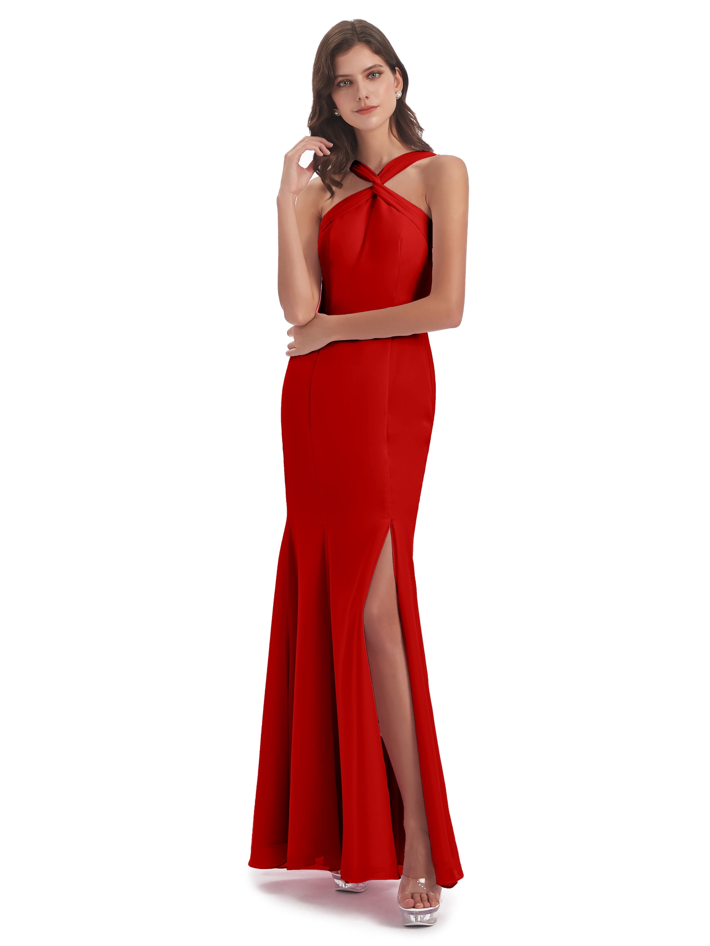 Robe Rouge Demoiselle D Honneur Trompette/Sirène Licou Fendue Devant Robes Demoiselle D'Honneur