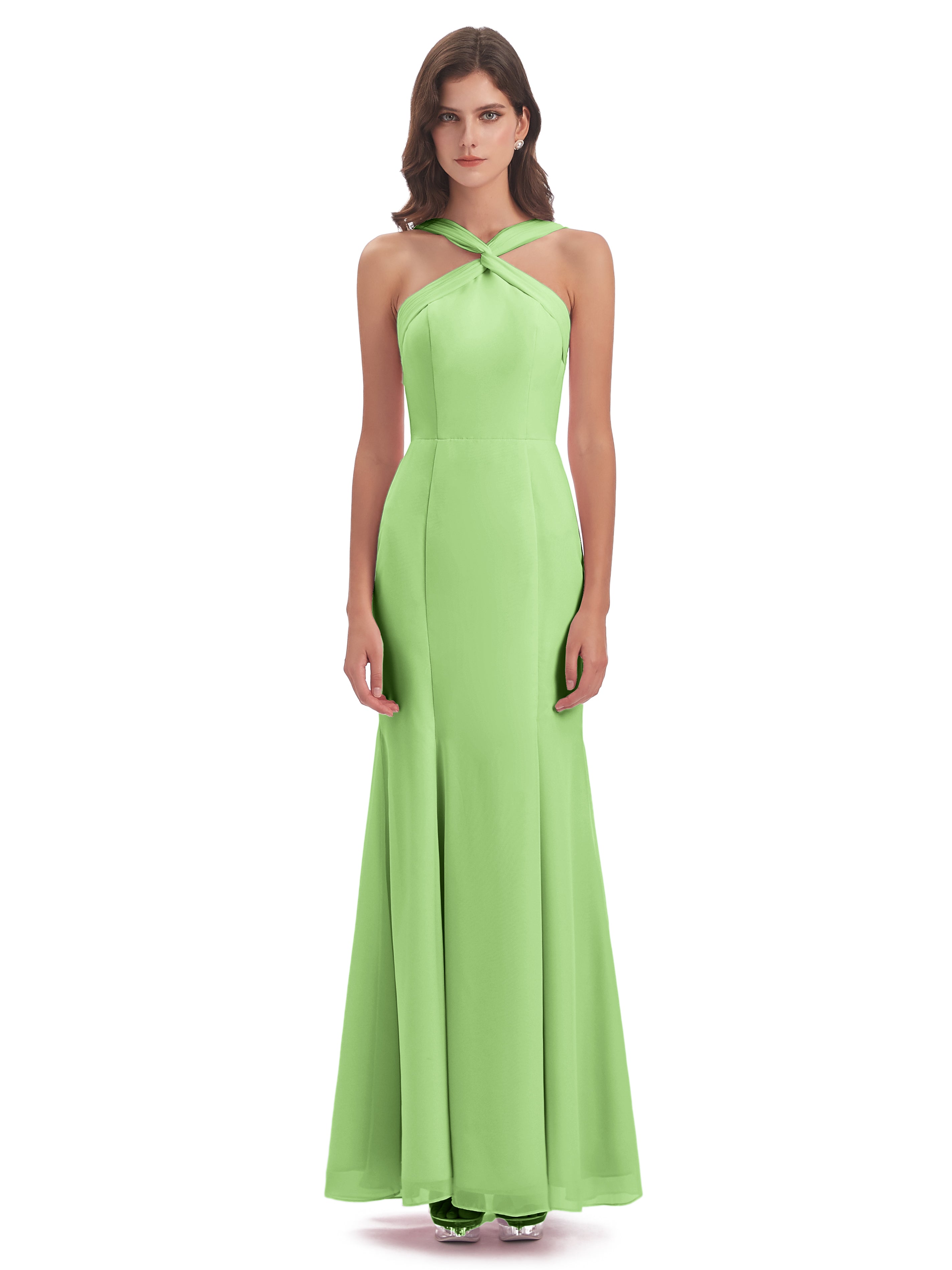 Robes De Demoiselle D'Honneur Vert Sauge Trompette/Sirène Licou Fendue Devant Robes Demoiselle D'Honneur
