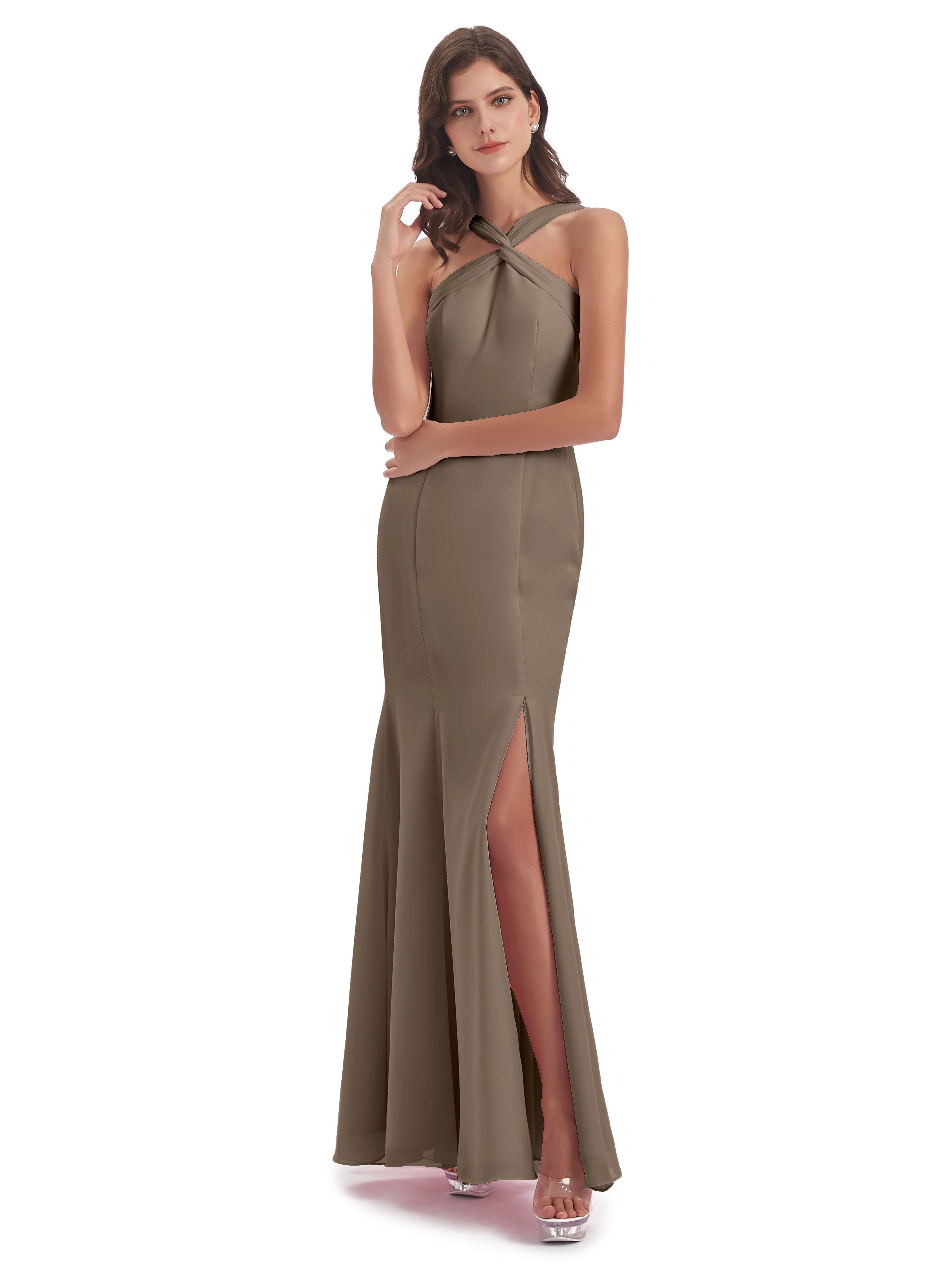 Robe Ceremonie Taupe Trompette/Sirène Licou Fendue Devant Robes Demoiselle D'Honneur