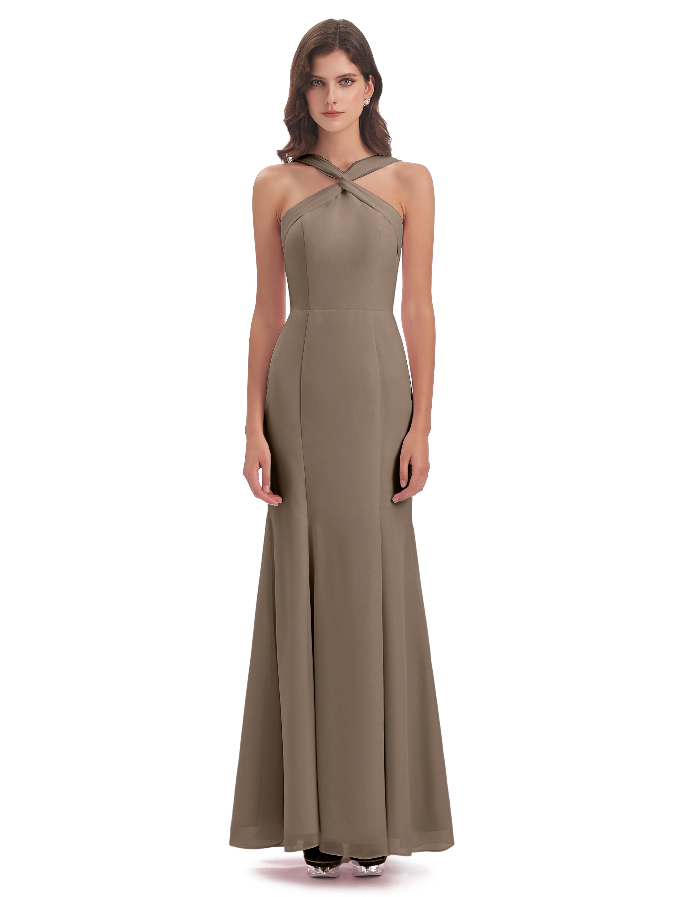 Robe Ceremonie Taupe Trompette/Sirène Licou Fendue Devant Robes Demoiselle D'Honneur