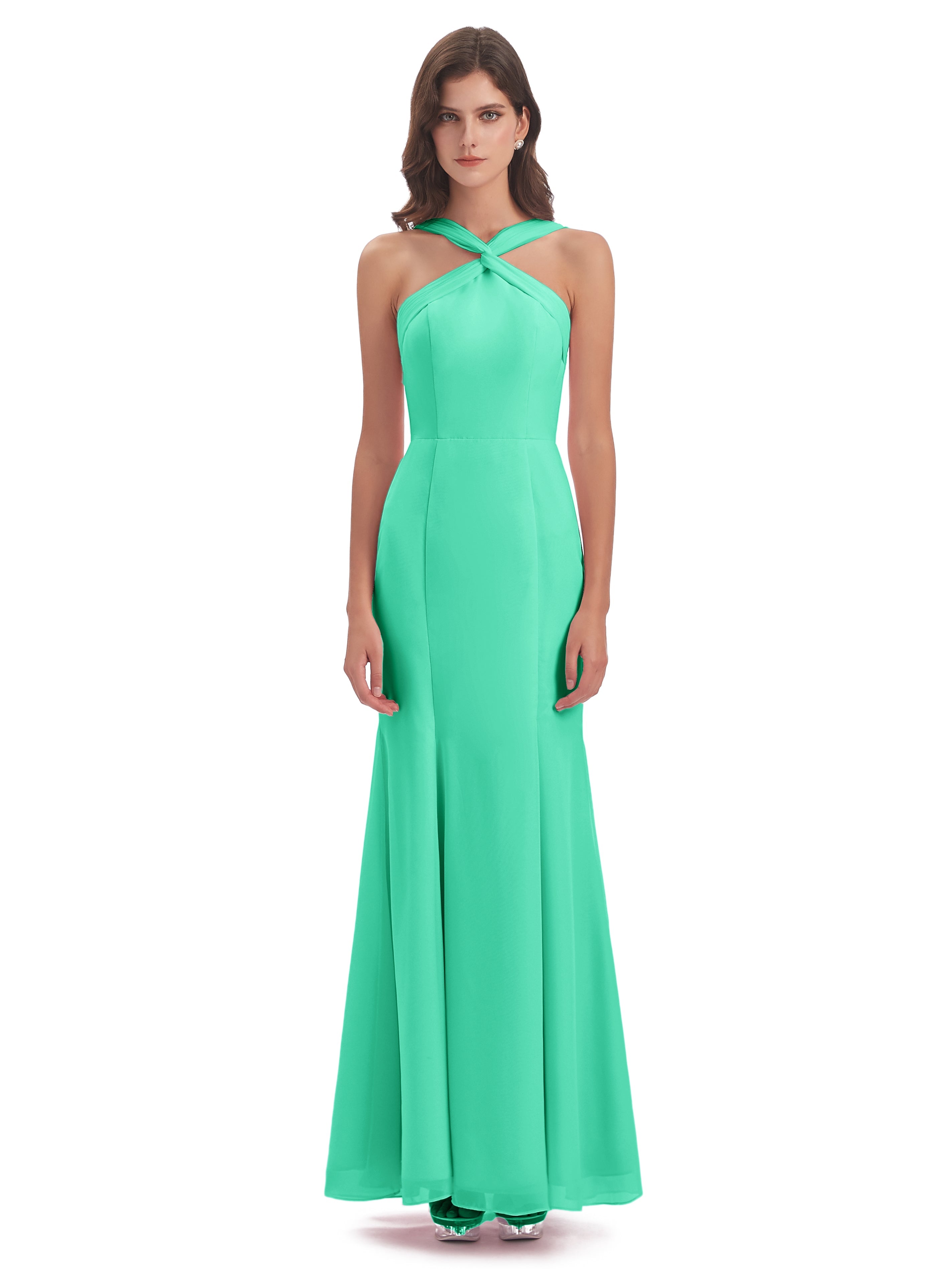 Robe Turquoise Demoiselle D Honneur Trompette/Sirène Licou Fendue Devant Robes Demoiselle D'Honneur