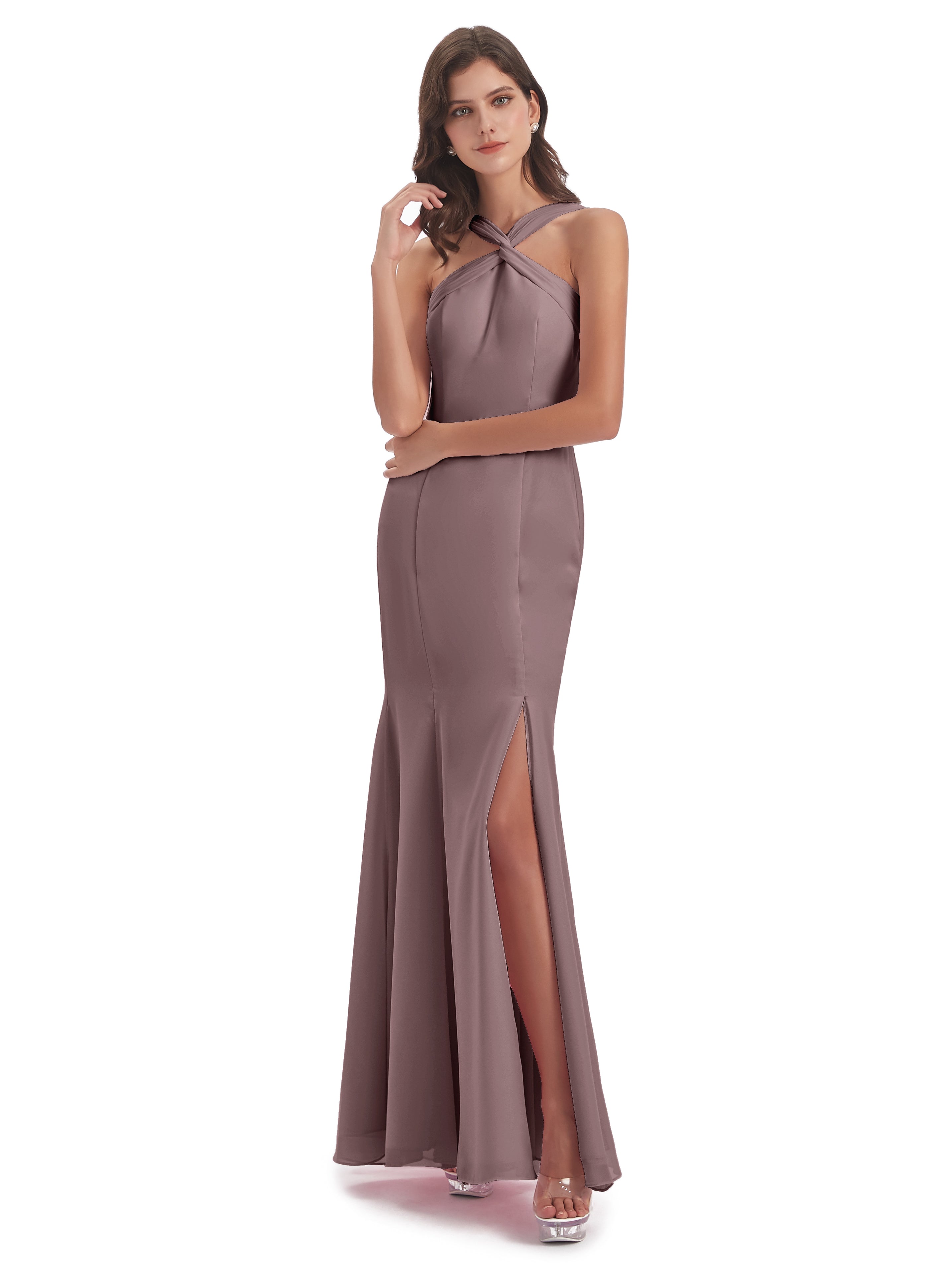 Robes De Demoiselle D'Honneur Mauve Foncé Trompette/Sirène Licou Fendue Devant Robes Demoiselle D'Honneur