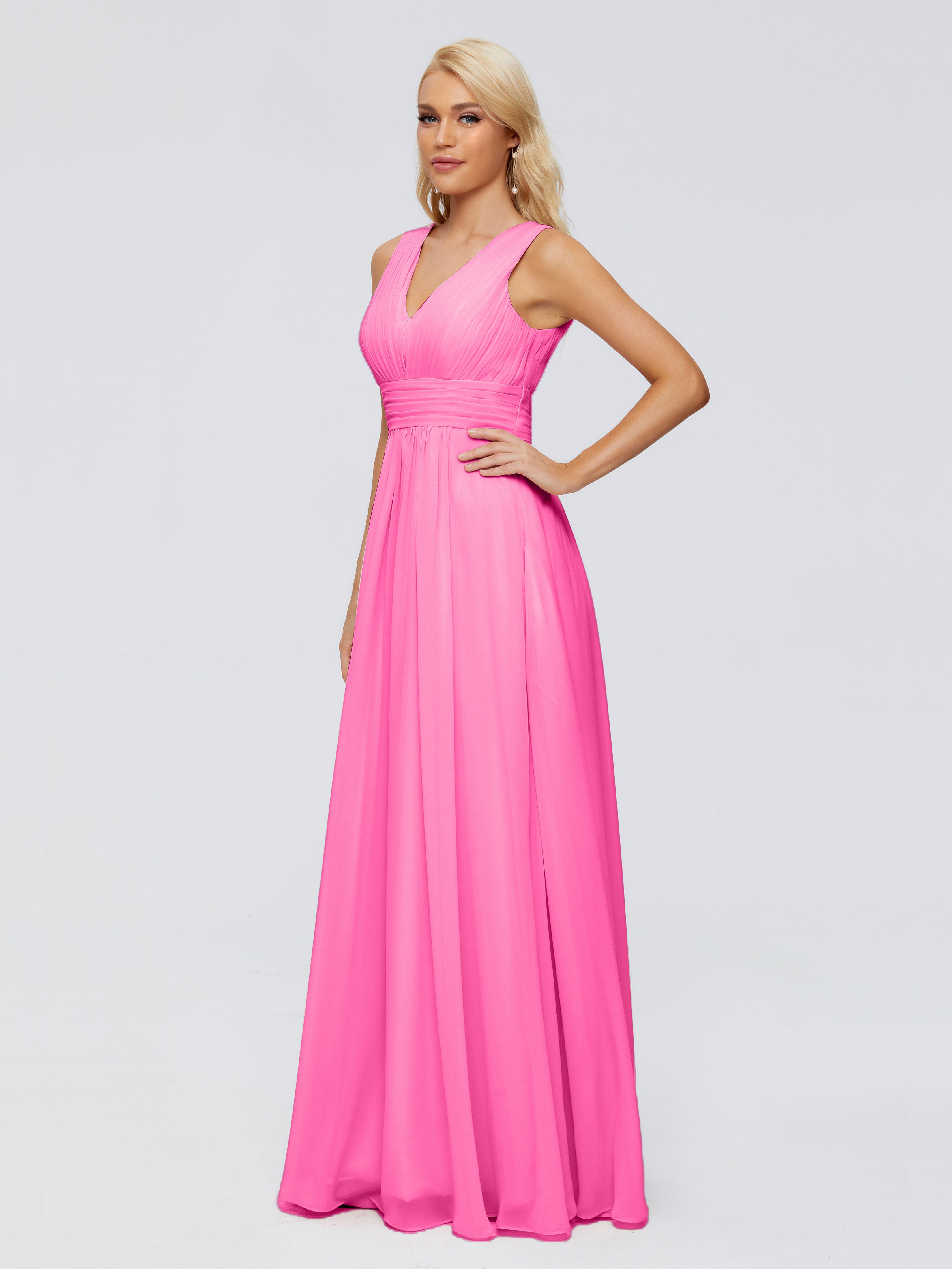 Robe Demoiselle D Honneur En Azalée Trapèze Col V Bretelle Mousseline Robes Demoiselle D'Honneur