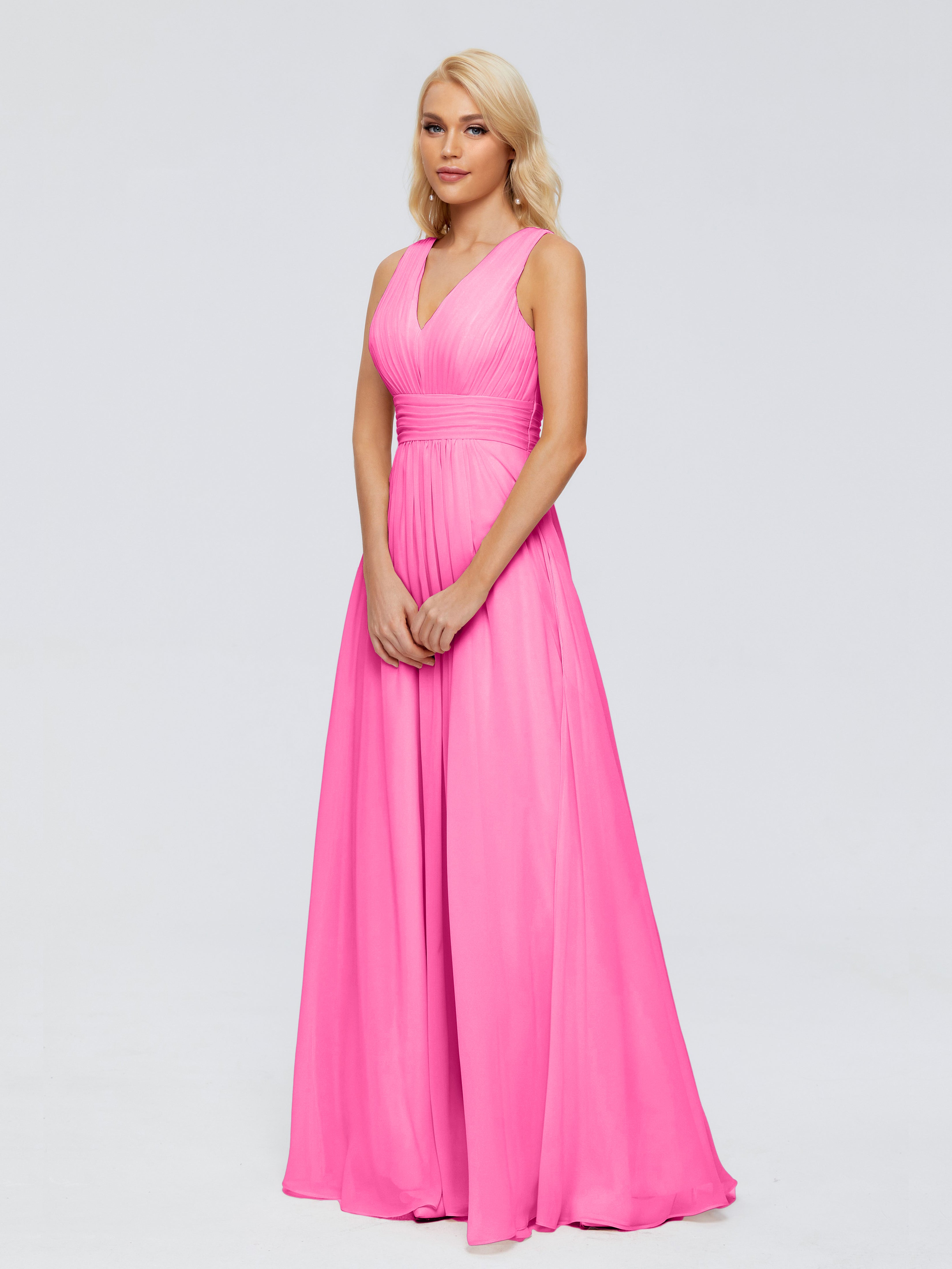 Robe Demoiselle D Honneur En Azalée Trapèze Col V Bretelle Mousseline Robes Demoiselle D'Honneur