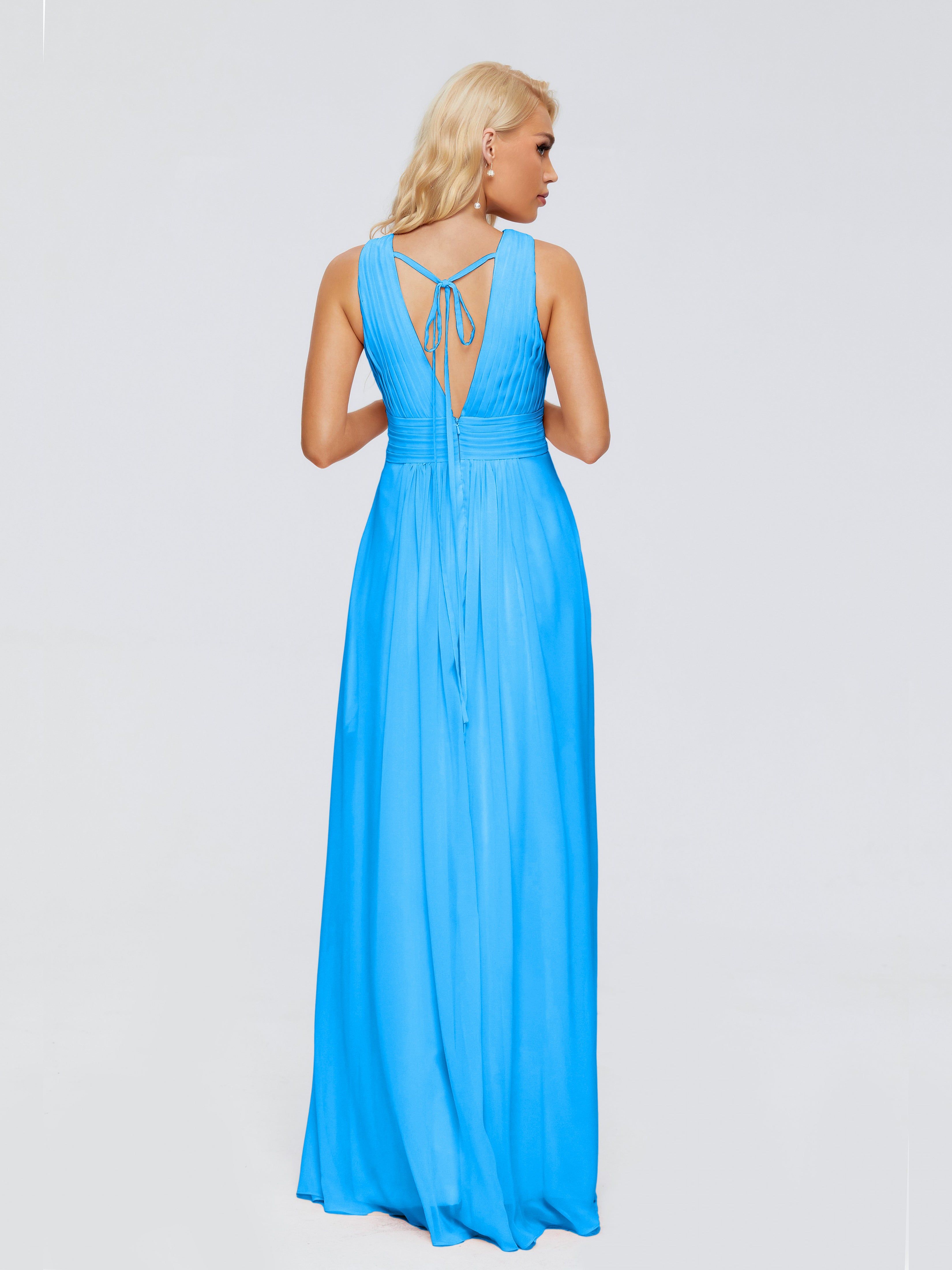 Robes De Demoiselle D'Honneur Bleu Océan Trapèze Col V Bretelle Mousseline Robes Demoiselle D'Honneur