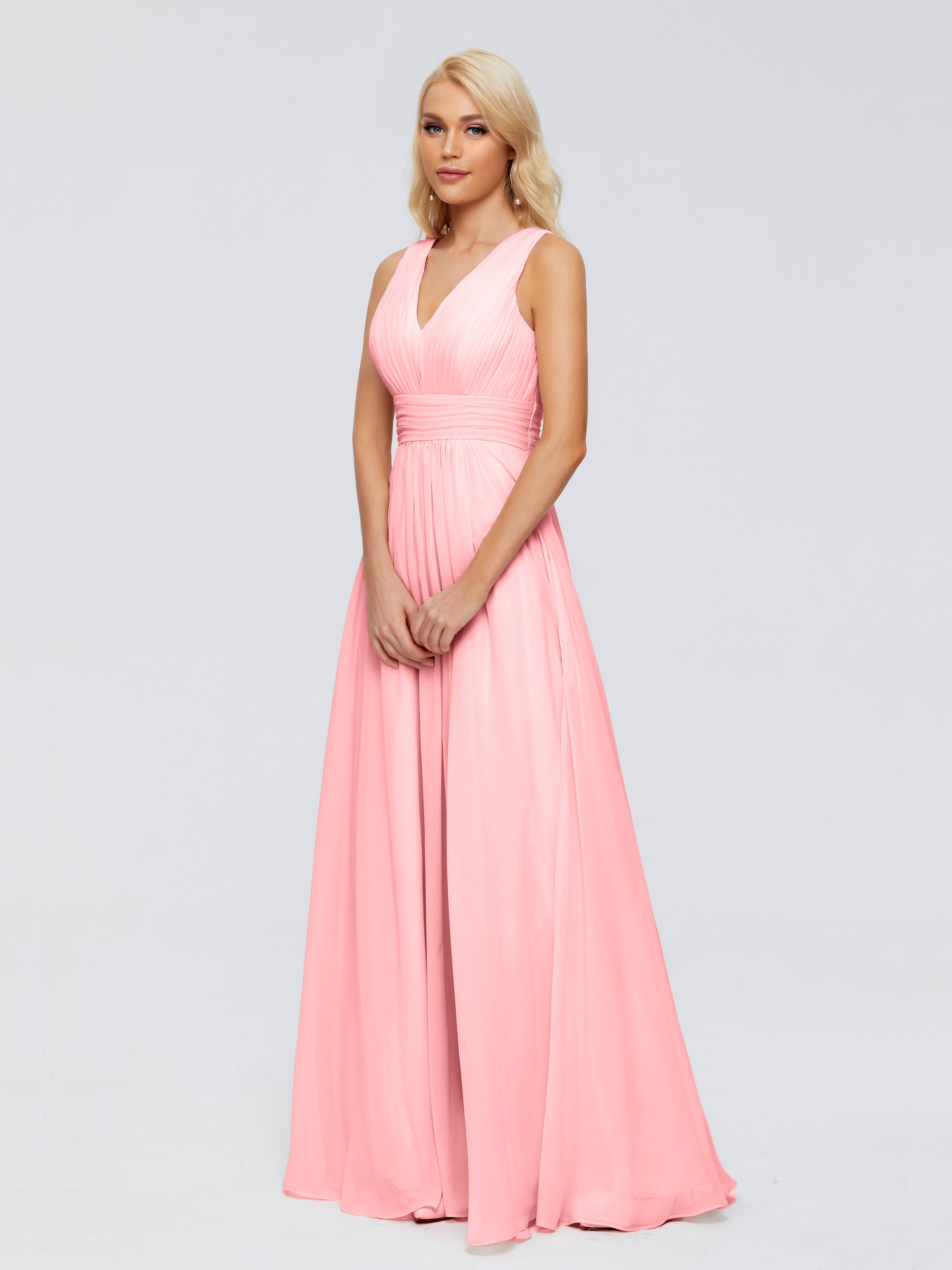 Robes De Demoiselle D'Honneur En Flamant Trapèze Col V Bretelle Mousseline Robes Demoiselle D'Honneur