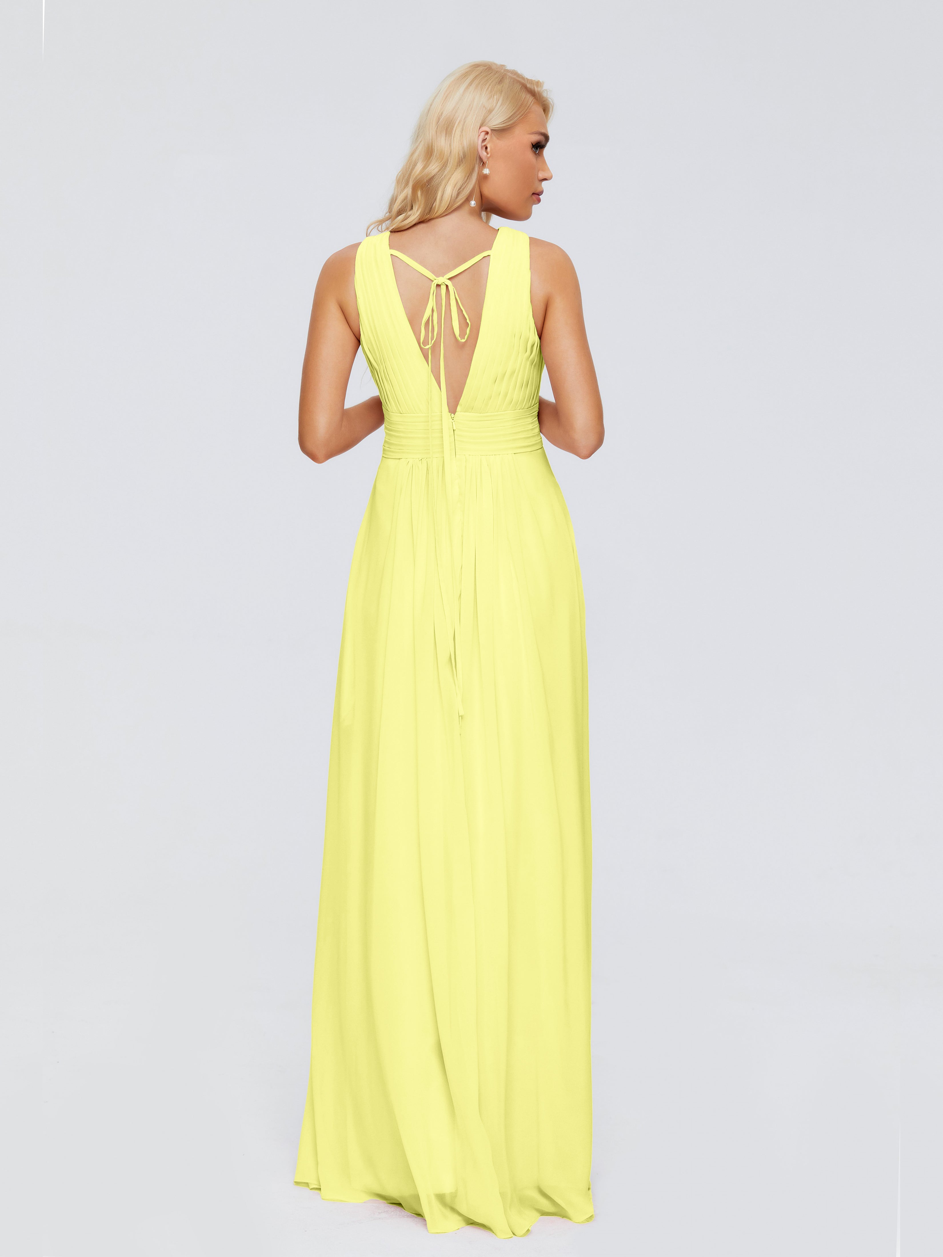 Robes De Demoiselle D'Honneur Jonquille Trapèze Col V Bretelle Mousseline Robes Demoiselle D'Honneur