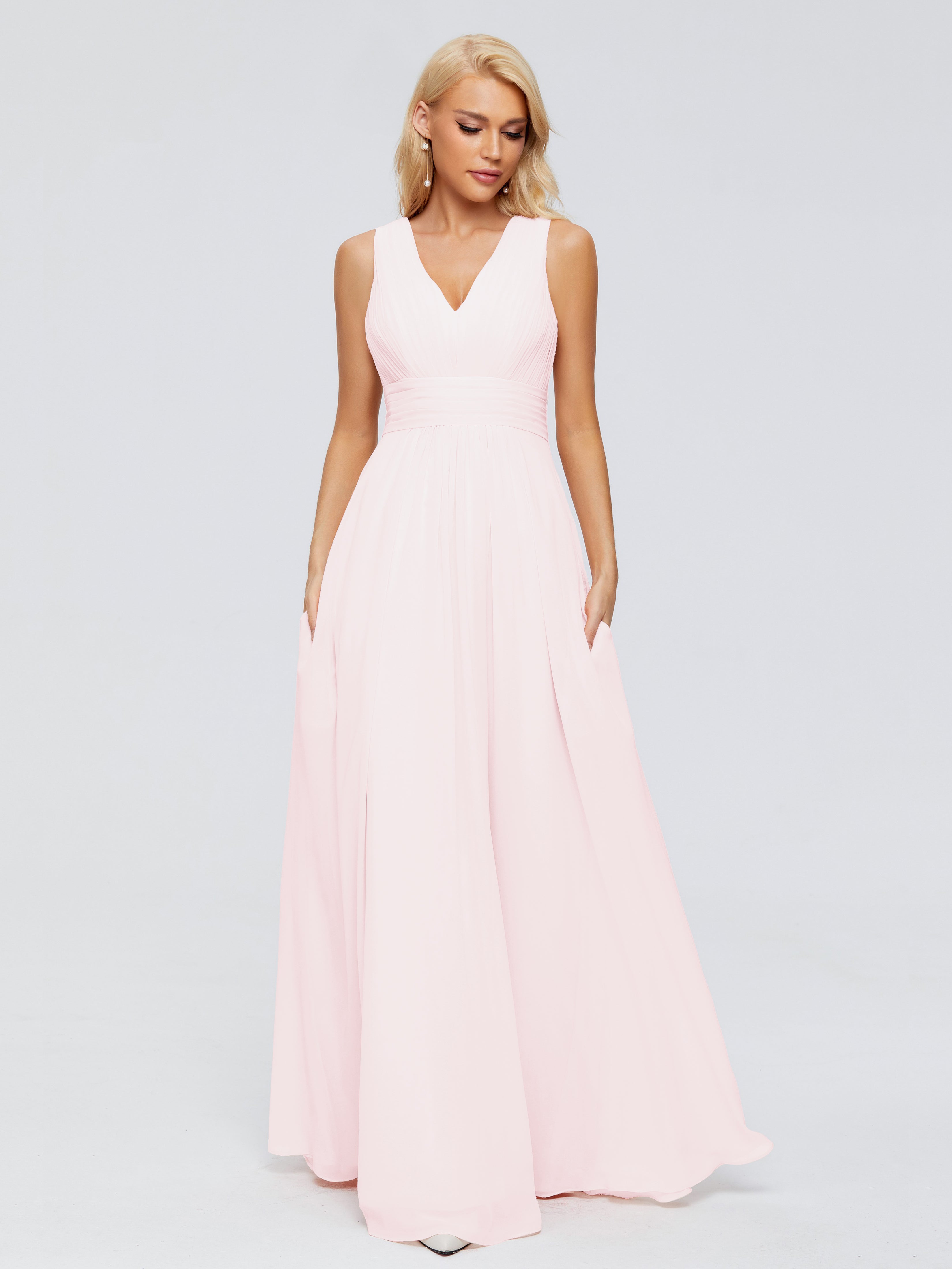 Robe Demoiselle D Honneur Rose Pale Trapèze Col V Bretelle Mousseline Robes Demoiselle D'Honneur