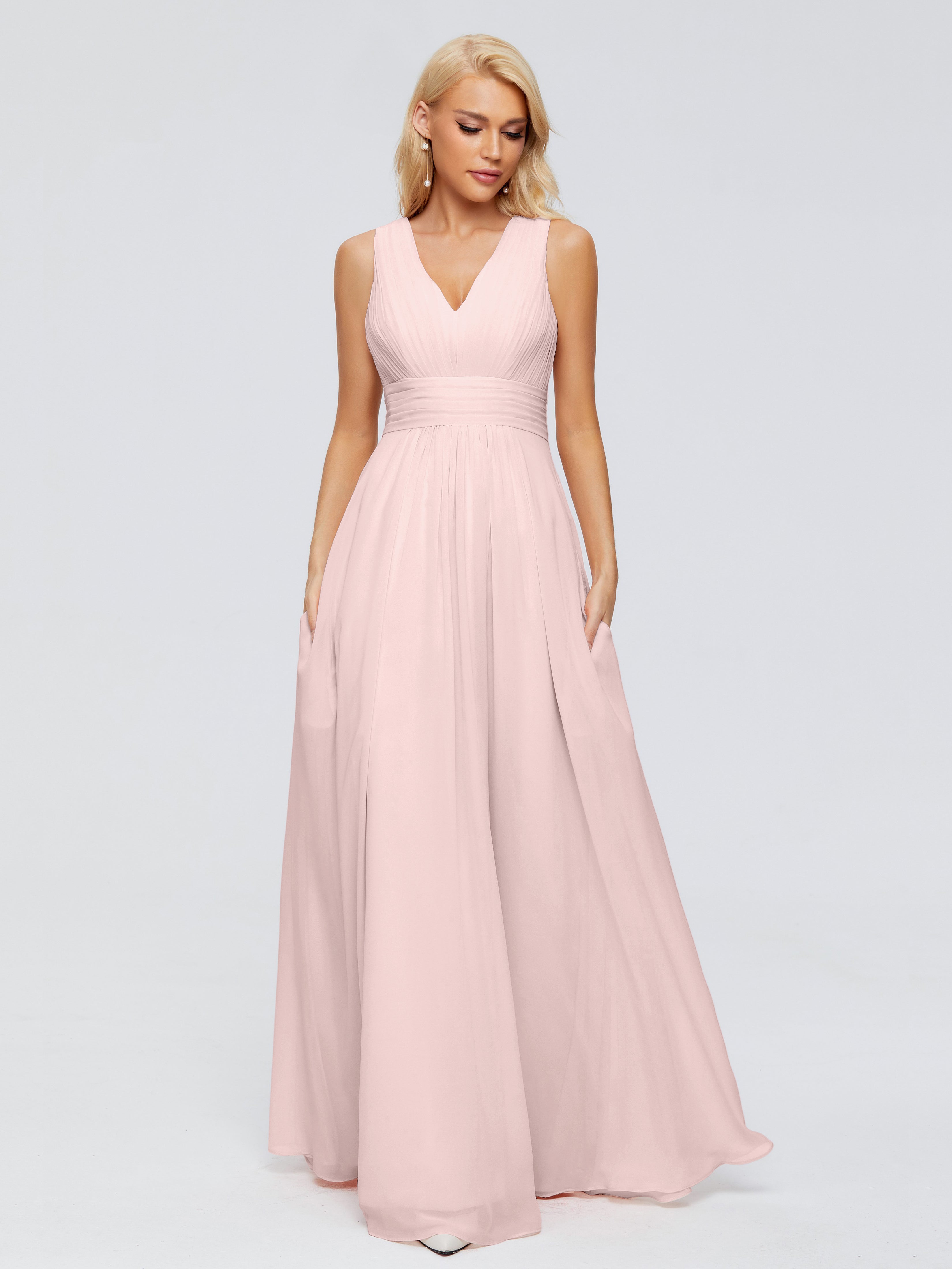 Robe Rose Poudré Demoiselle D Honneur Trapèze Col V Bretelle Mousseline Robes Demoiselle D'Honneur