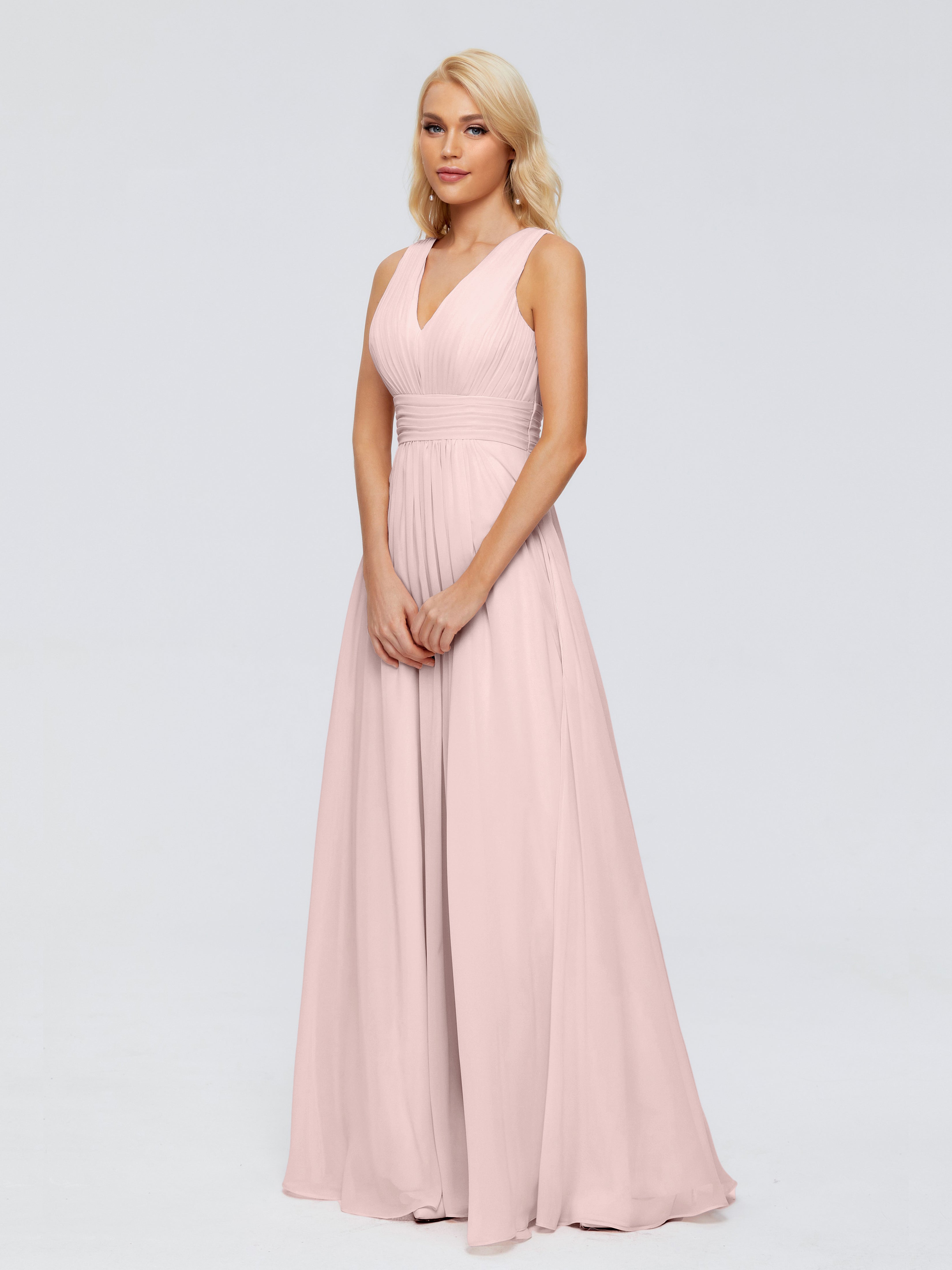 Robe Rose Poudré Demoiselle D Honneur Trapèze Col V Bretelle Mousseline Robes Demoiselle D'Honneur