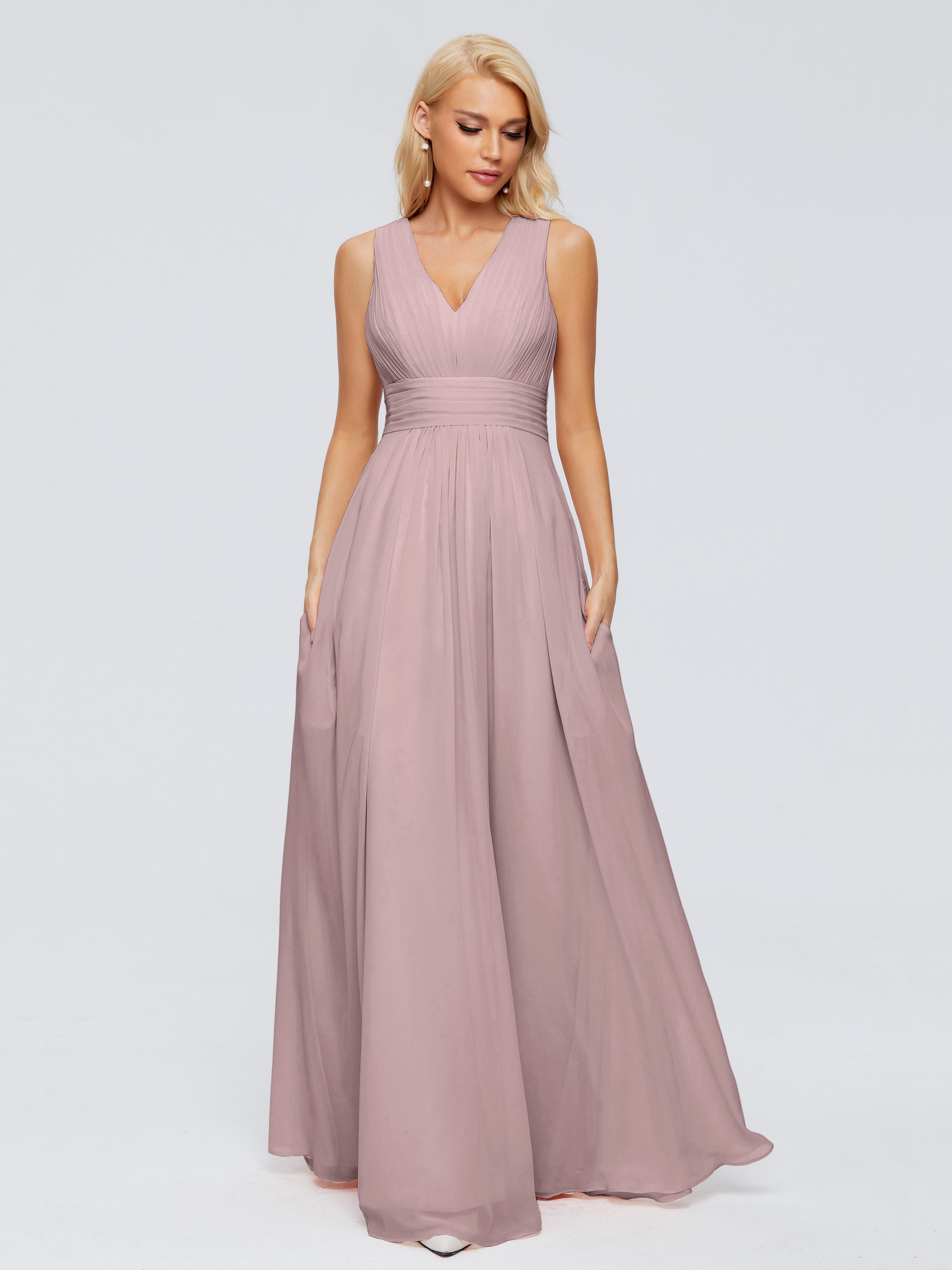 Robes De Demoiselle D'Honneur Mauve Foncé Trapèze Col V Bretelle Mousseline Robes Demoiselle D'Honneur