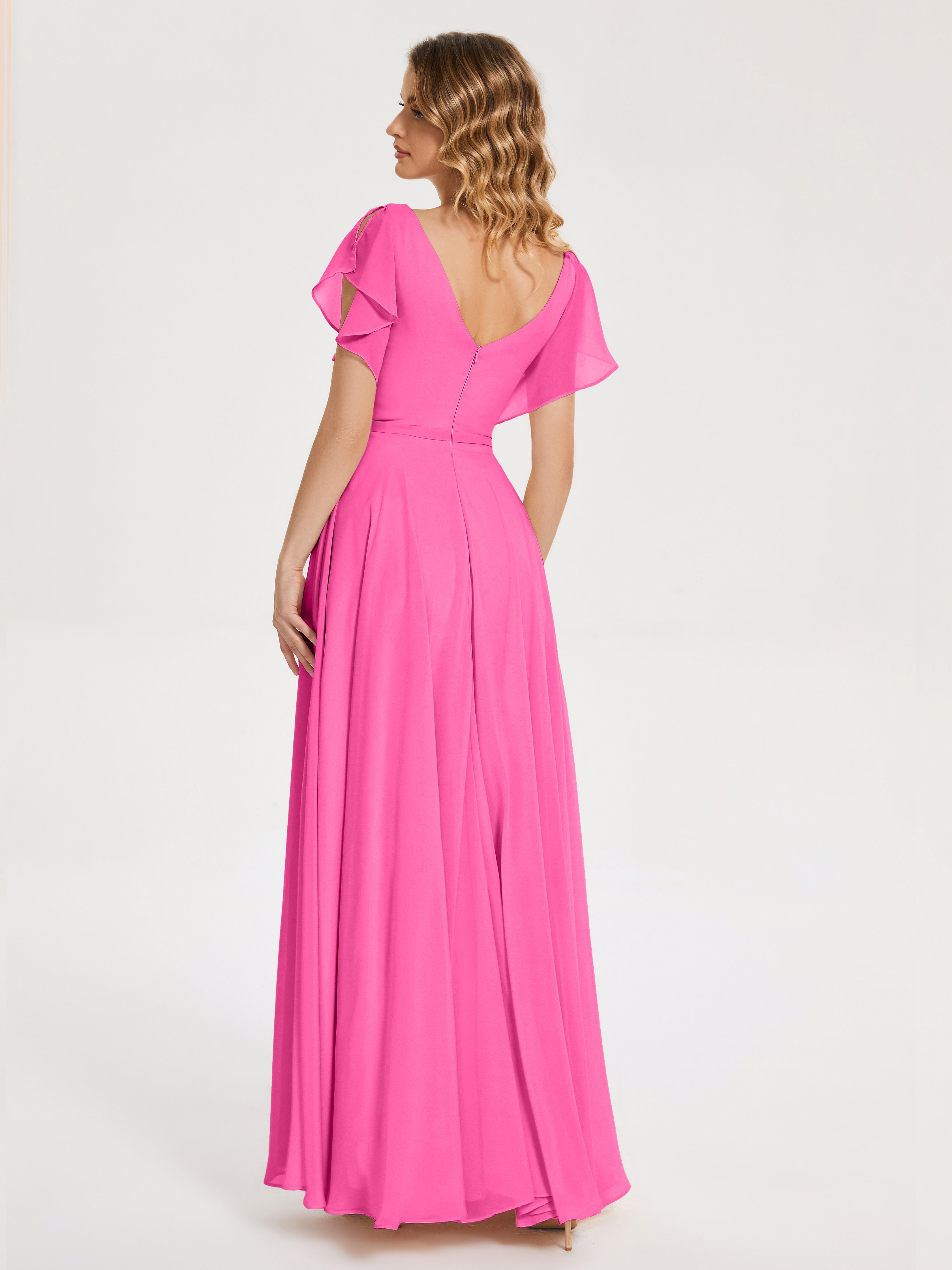 Robe Demoiselle D Honneur Azalée Col V Fendue Mousseline Robes Demoiselle D'Honneur À Volants