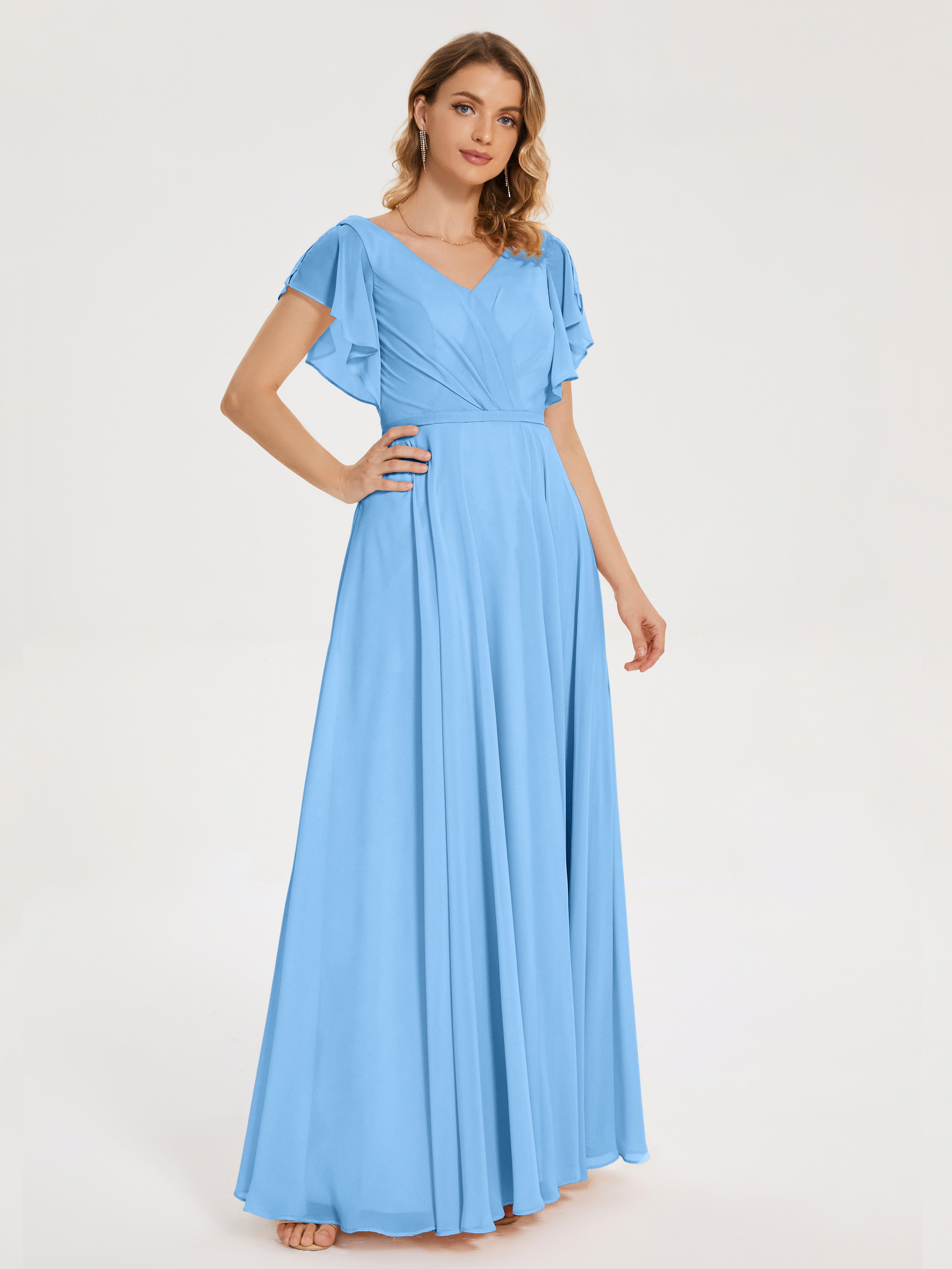 Robes De Demoiselle D'Honneur Bleu Clair Col V Fendue Mousseline Robes Demoiselle D'Honneur À Volants