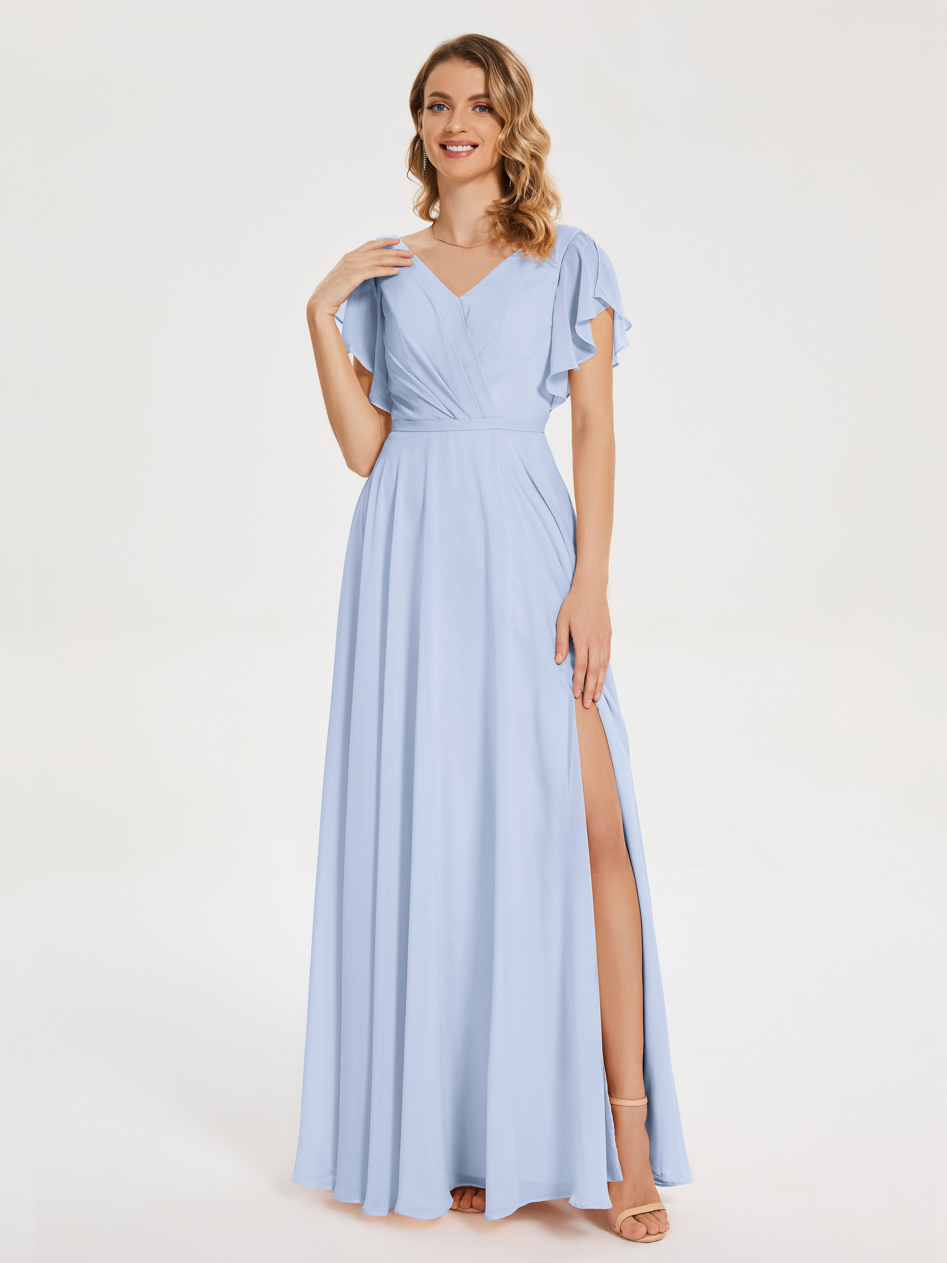 Robes De Demoiselle D'Honneur Bleu Ciel Col V Fendue Mousseline Robes Demoiselle D'Honneur À Volants
