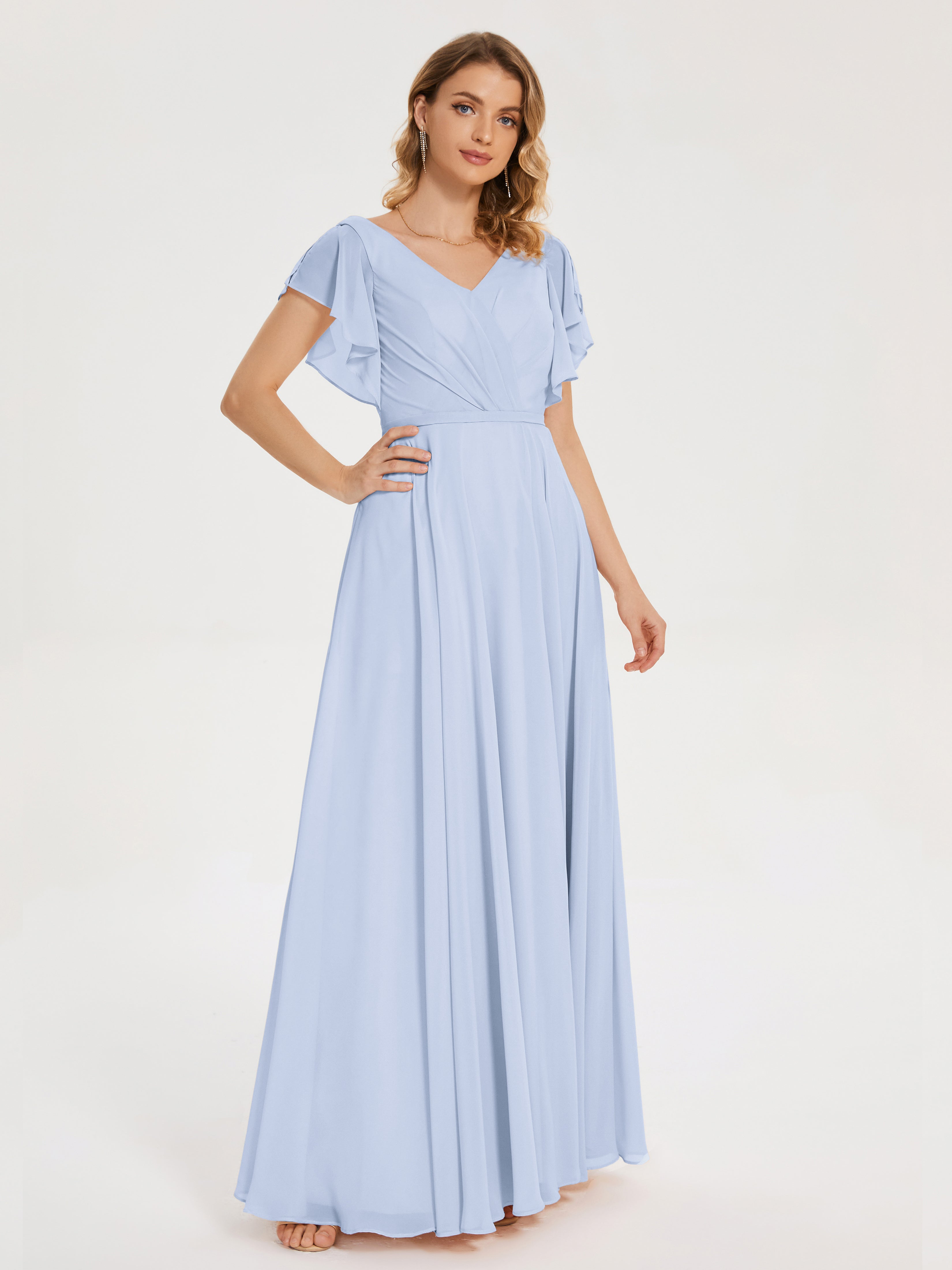 Robes De Demoiselle D'Honneur Bleu Ciel Col V Fendue Mousseline Robes Demoiselle D'Honneur À Volants
