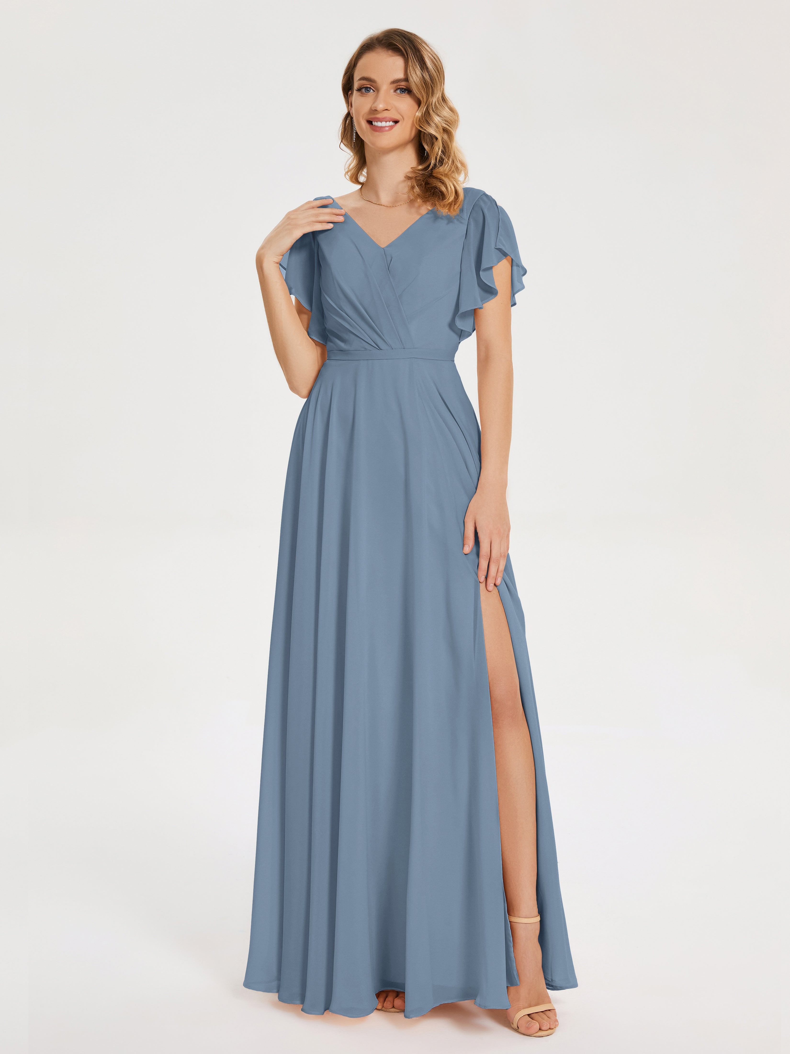 Robes De Demoiselle D'Honneur Bleu De Schiste Col V Fendue Mousseline Robes Demoiselle D'Honneur À Volants